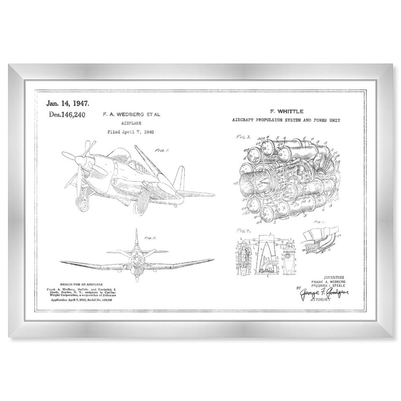 Front view of Airplane and Jet Engine 1947, Silver Foil featuring transportation and airplanes art.
