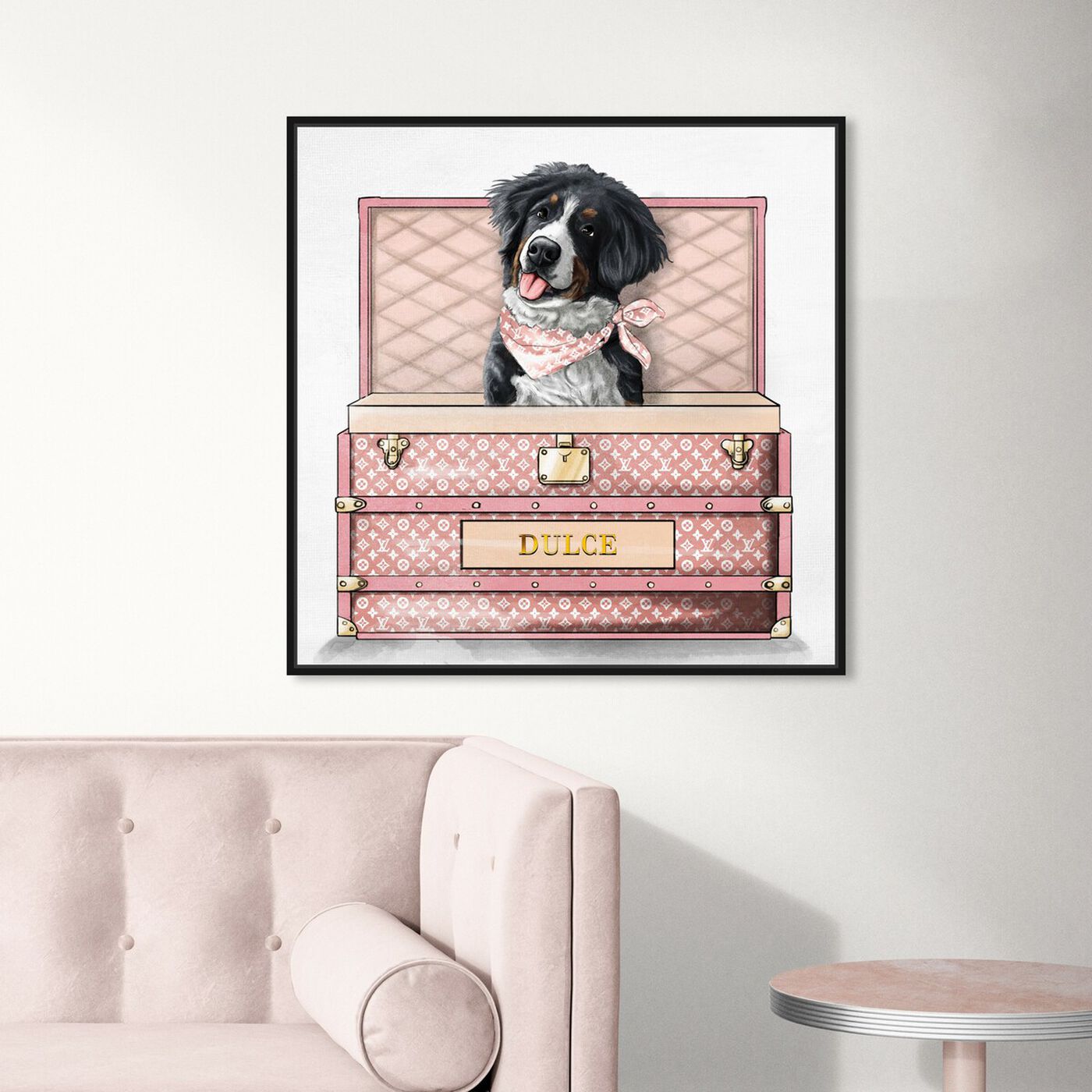 Hanging view of Pink Luxury Trunk featuring animals and dogs and puppies art.