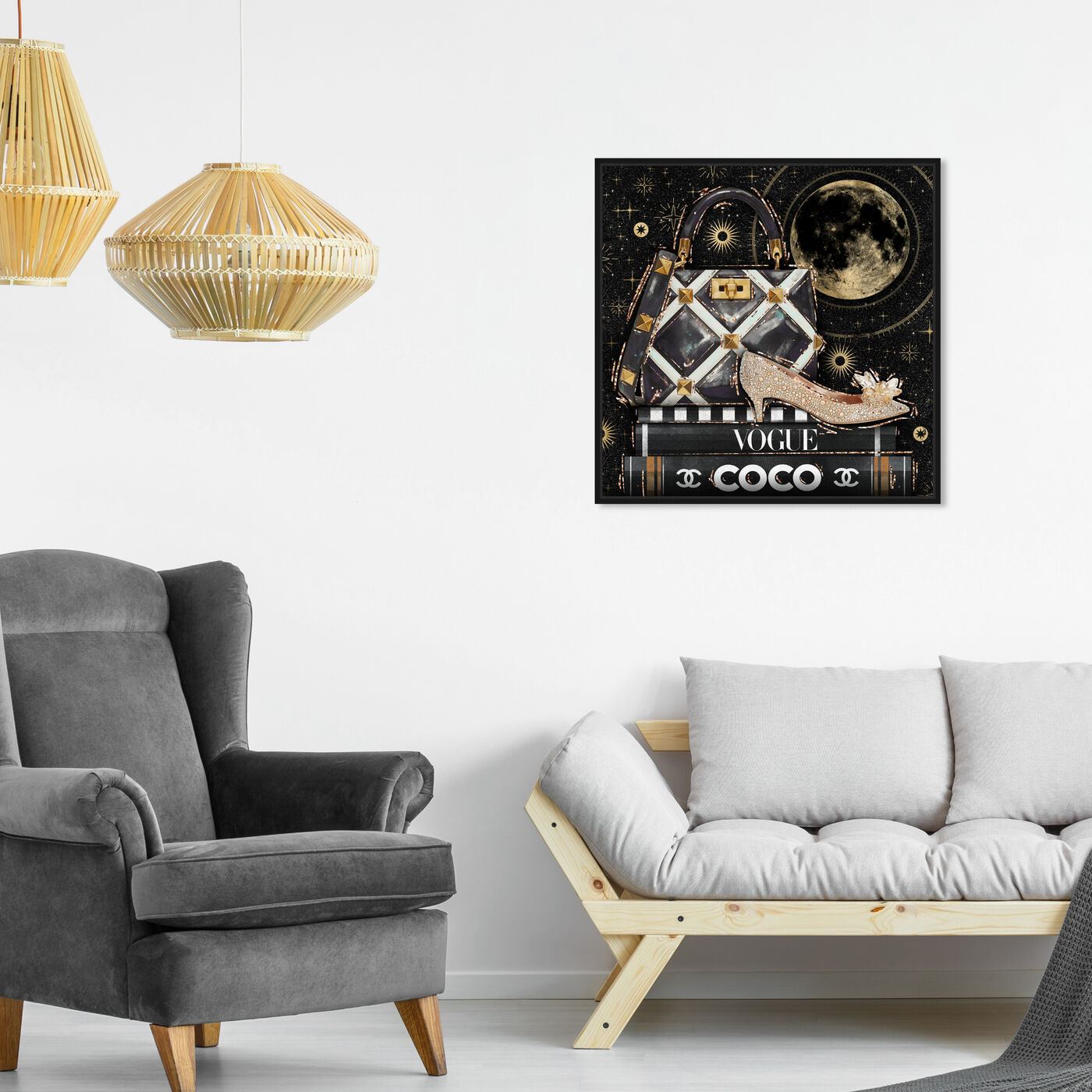 Hanging view of Cosmic Books and Lunar Stones featuring fashion and glam and handbags art.