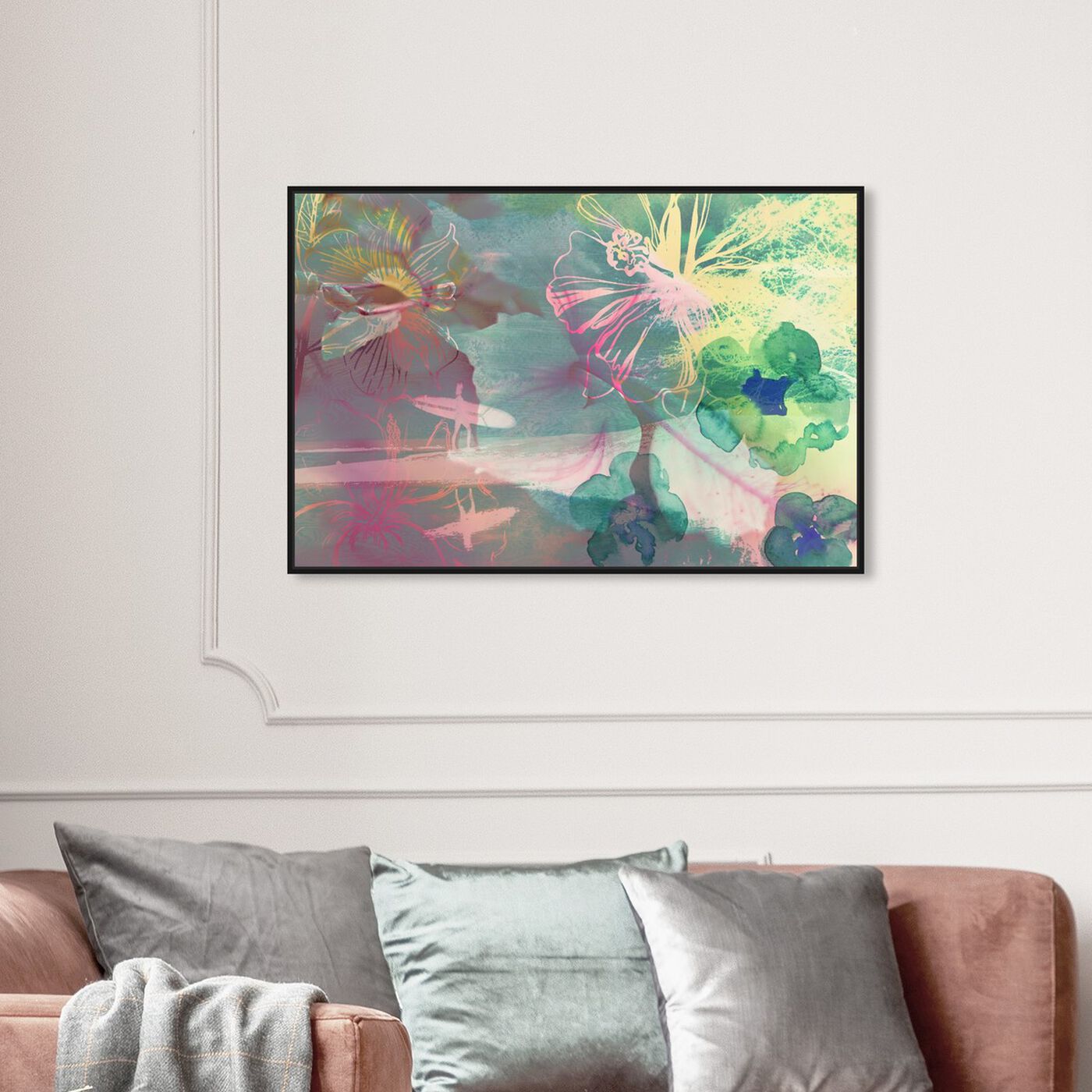 Hanging view of Surfer Girl I featuring abstract and flowers art.