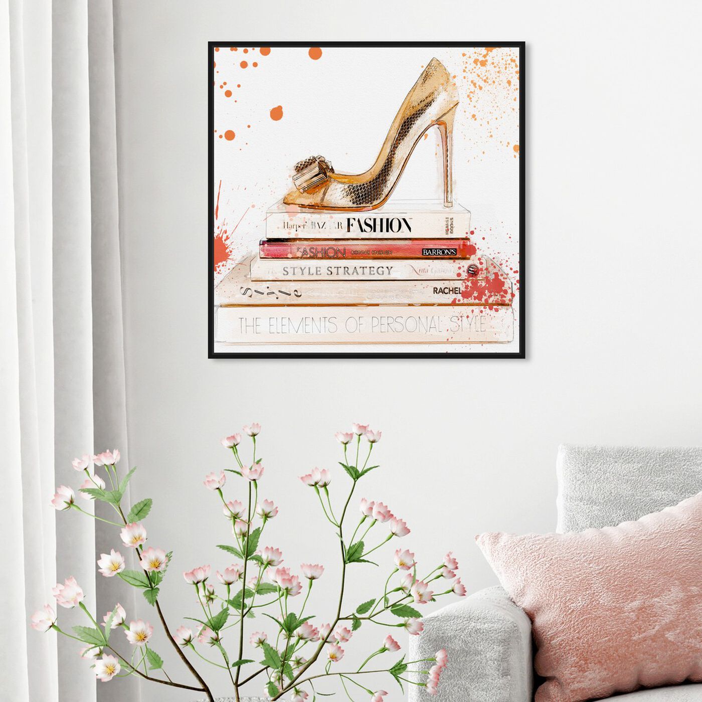 Hanging view of Coral Shoe and Books featuring fashion and glam and shoes art.