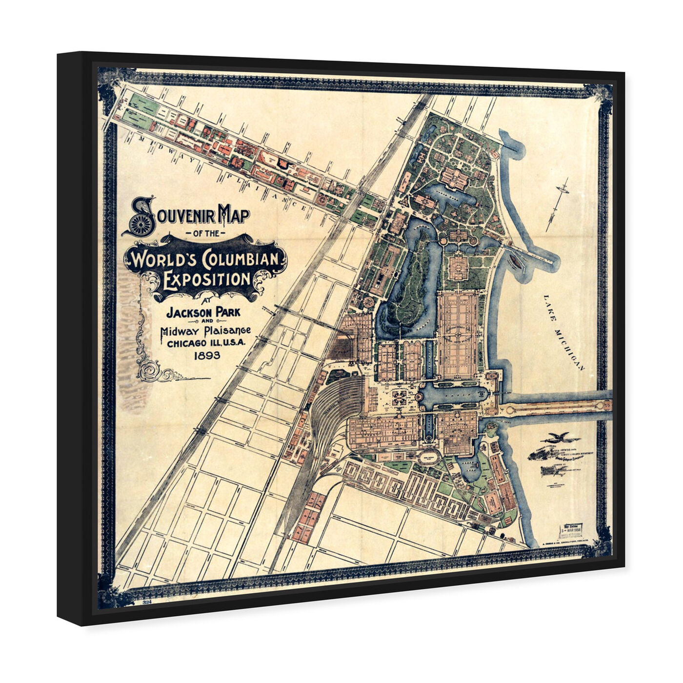 Angled view of Chicago Exposition Map 1893 featuring maps and flags and us cities maps art.