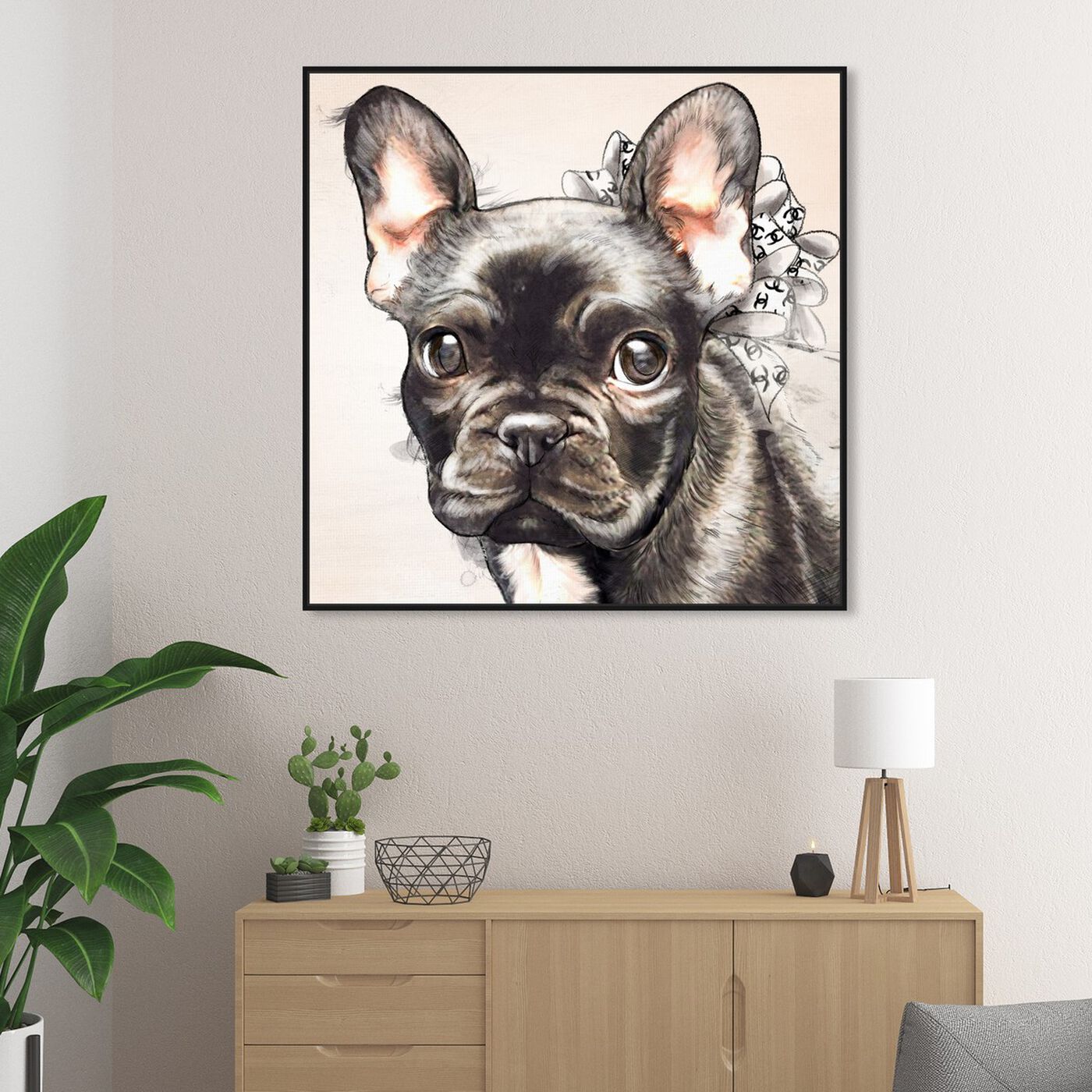 Hanging view of Frenchie Bow Watercolor Black featuring animals and dogs and puppies art.
