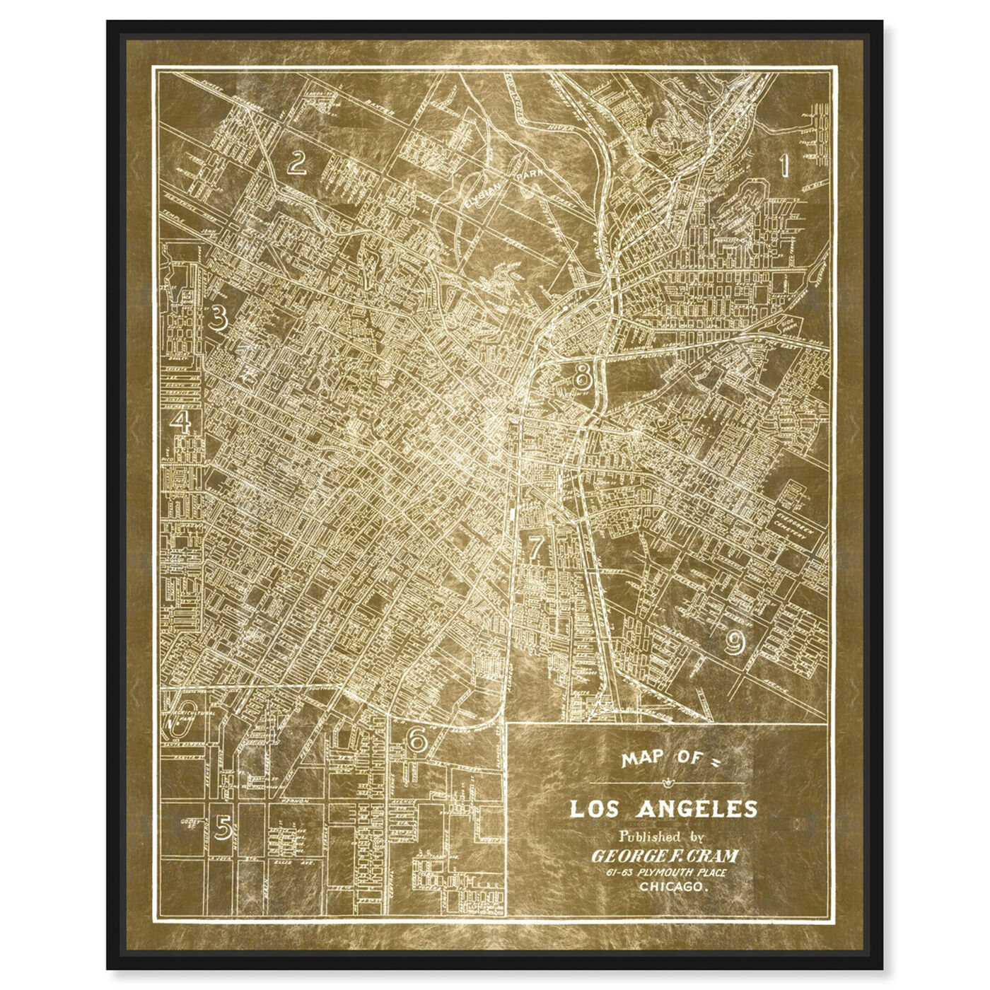 Front view of Los Angeles Map 1899 Grey Inverted featuring maps and flags and us cities maps art.