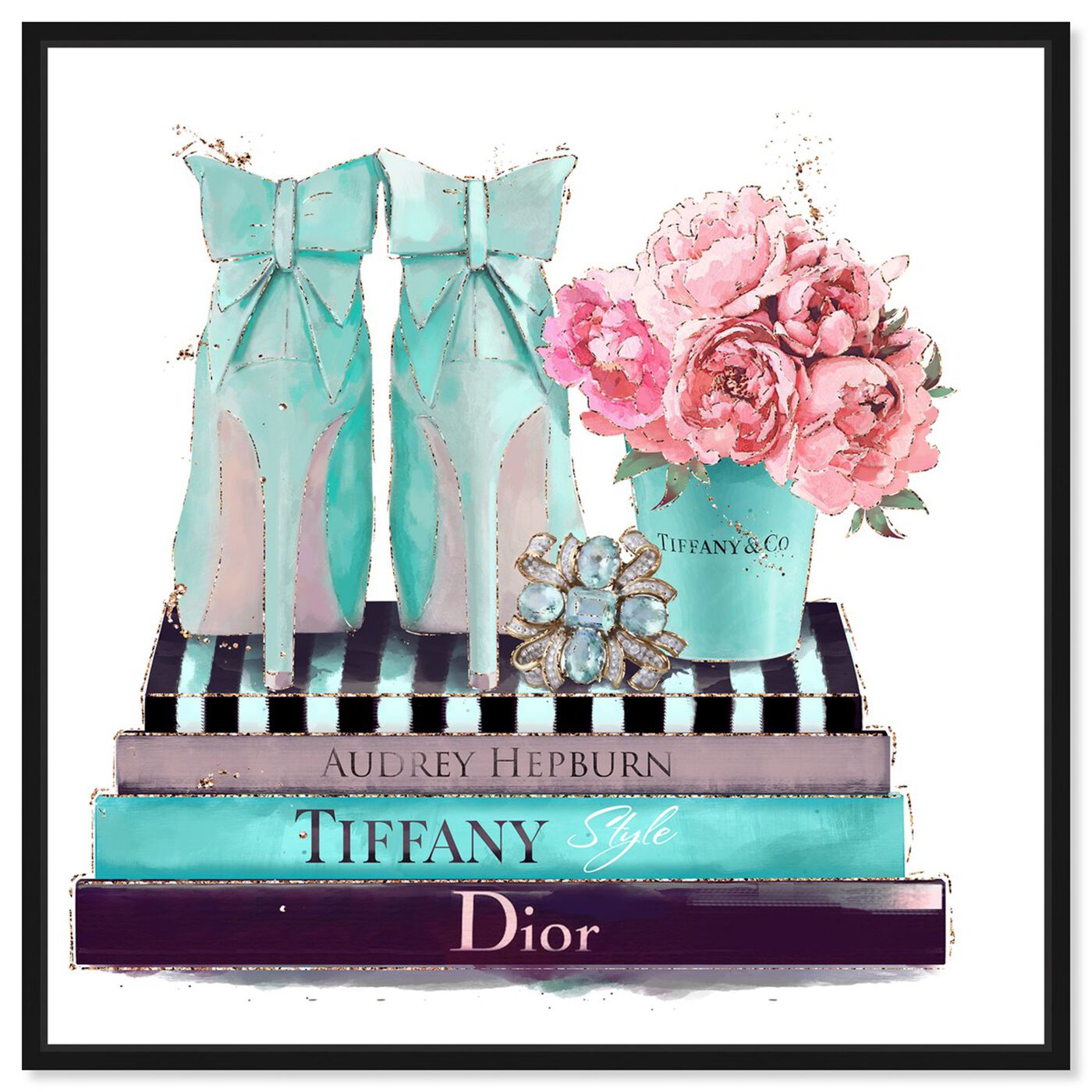 Front view of Modestly Aquamarine Display featuring fashion and glam and shoes art.