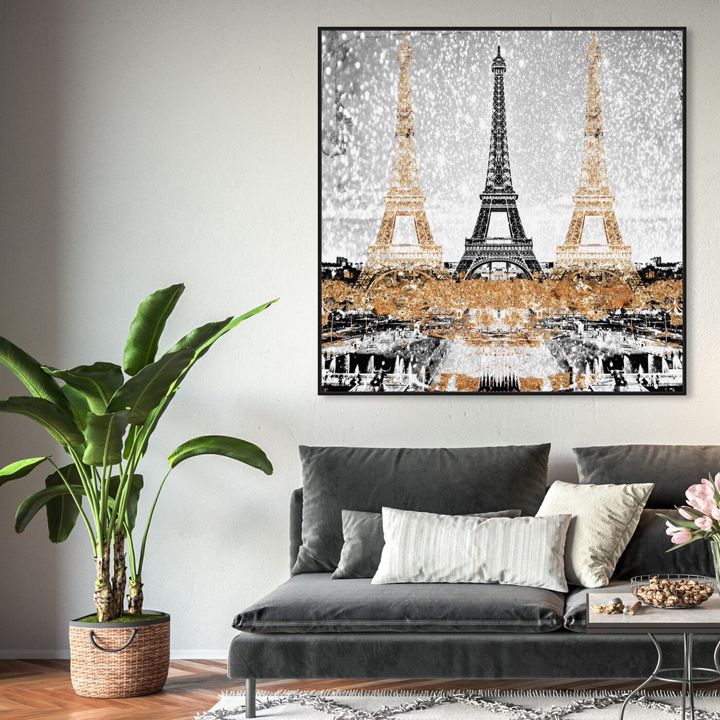 Hanging view of Triple Paris Gold featuring cities and skylines and european cities art.