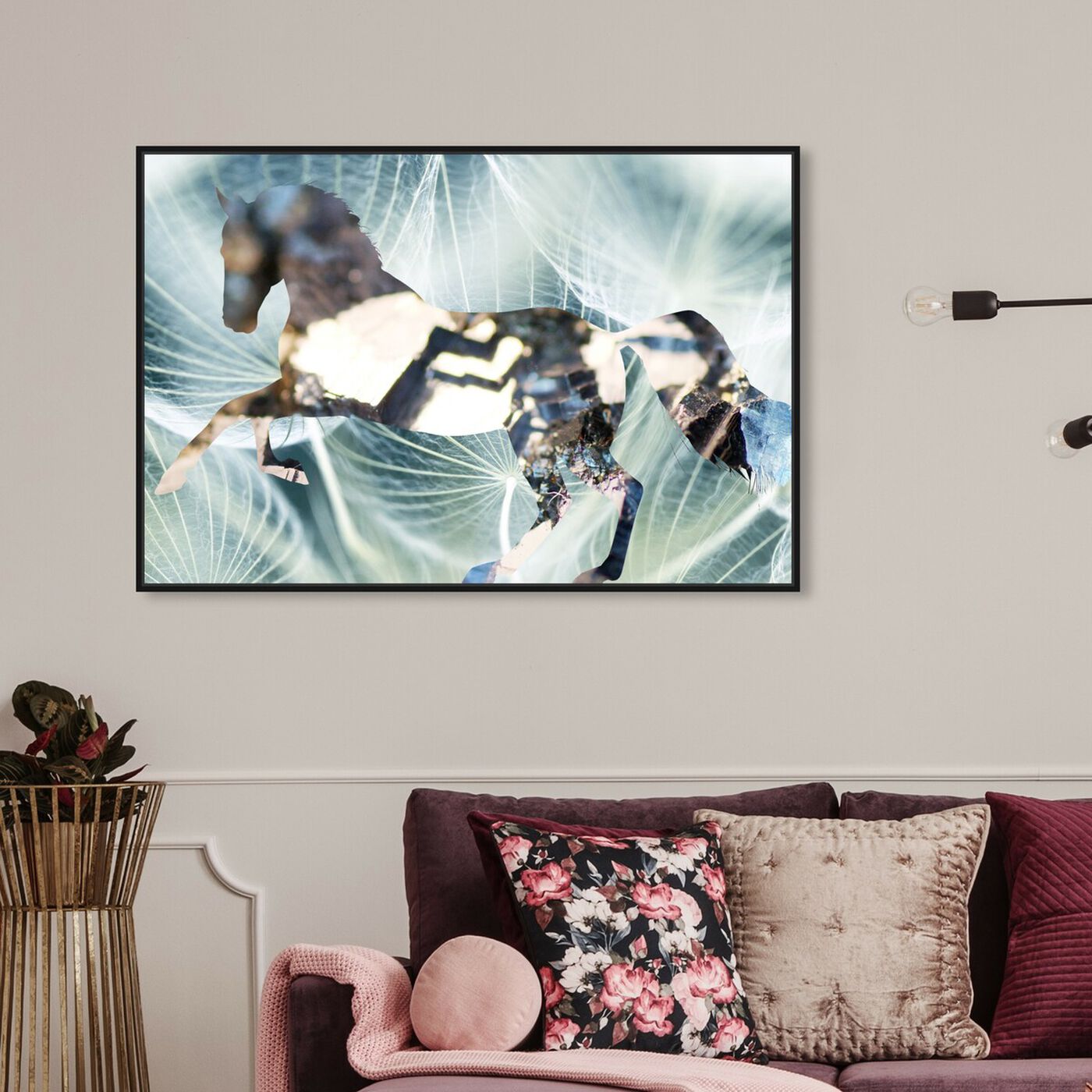 Hanging view of Layered Fantasies featuring fantasy and sci-fi and fantasy creatures art.