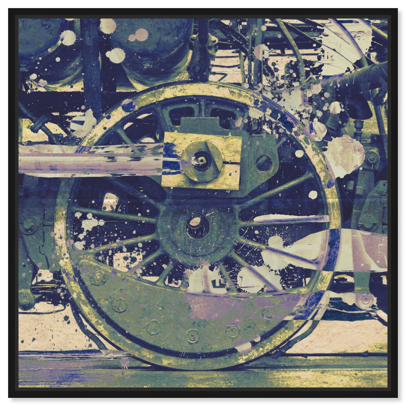 Front view of Wheel featuring transportation and trains art.
