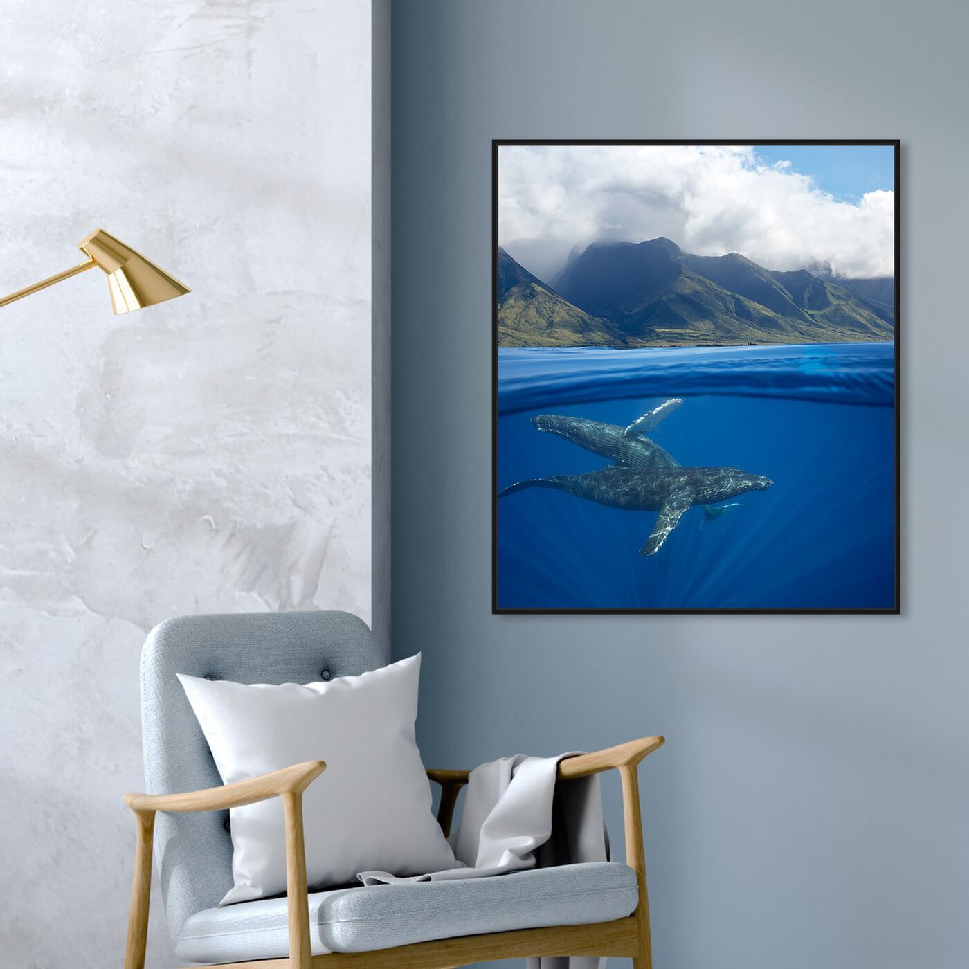 Hanging view of Humpback Whales and Mountains by David Fleetham featuring nautical and coastal and marine life art.