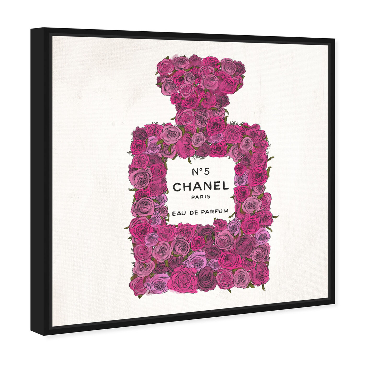 Oliver Gal Fashion and Glam Wall Art Framed Canvas Prints 'Number 5 Rose' Perfumes - Pink, White - 16 x 16 - Black