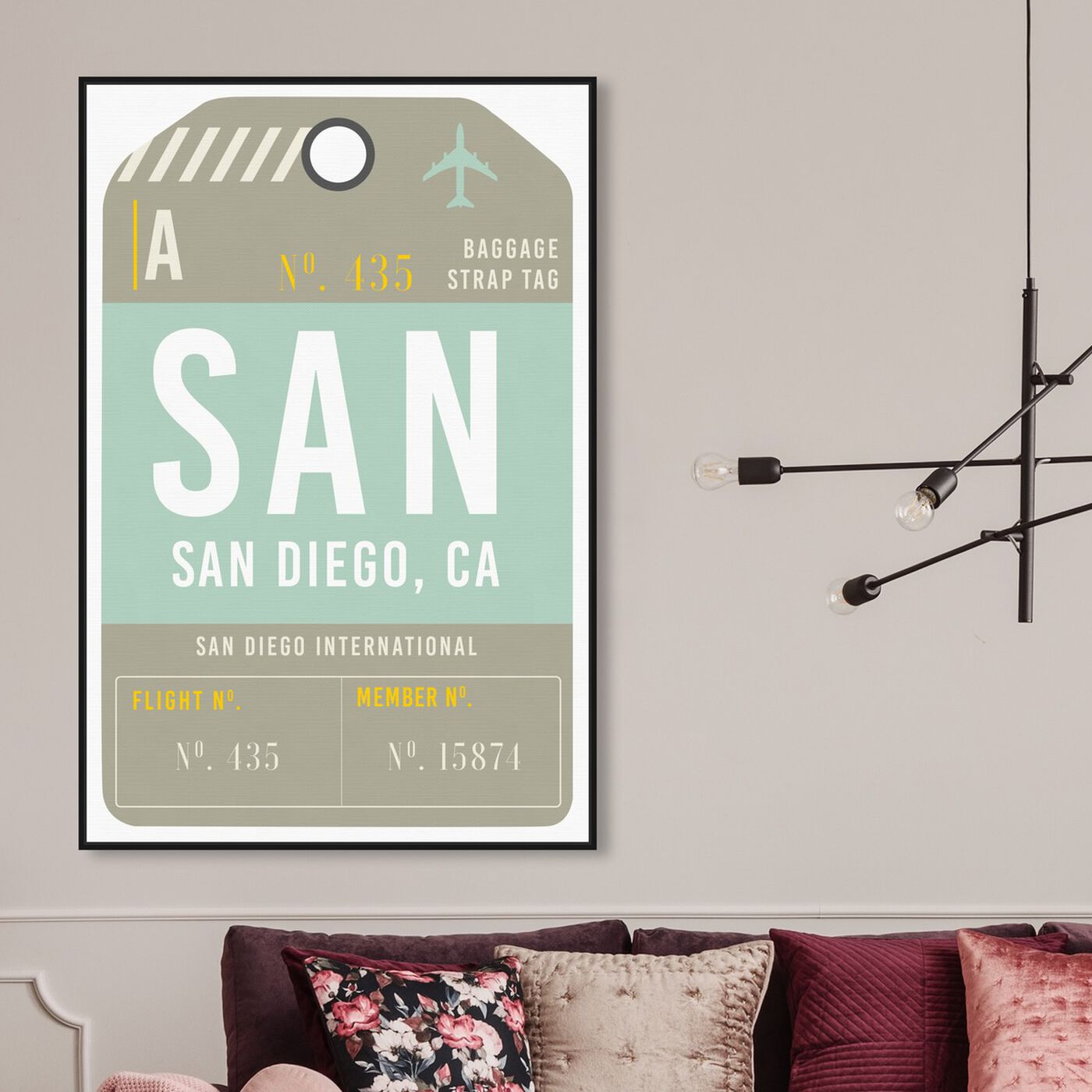 Hanging view of San Diego Luggage Tag featuring cities and skylines and united states cities art.