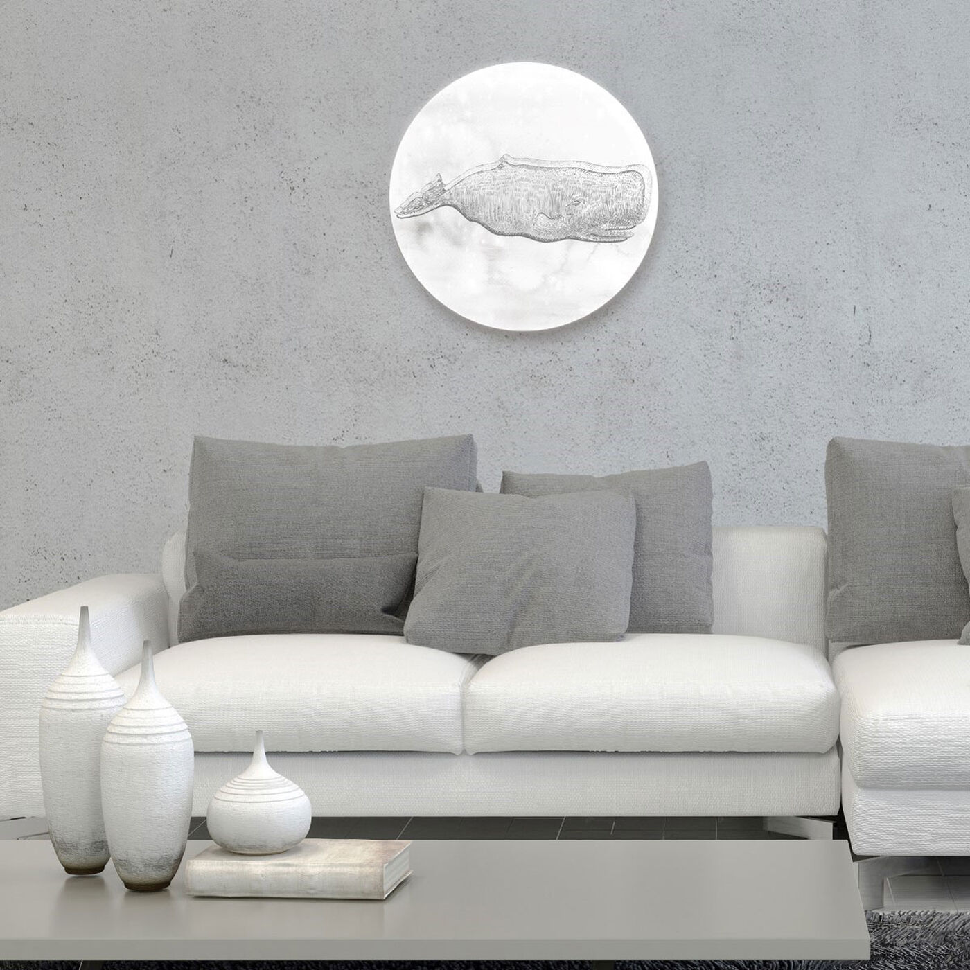 Hanging view of Blue Whale Silver Circle featuring nautical and coastal and marine life art.