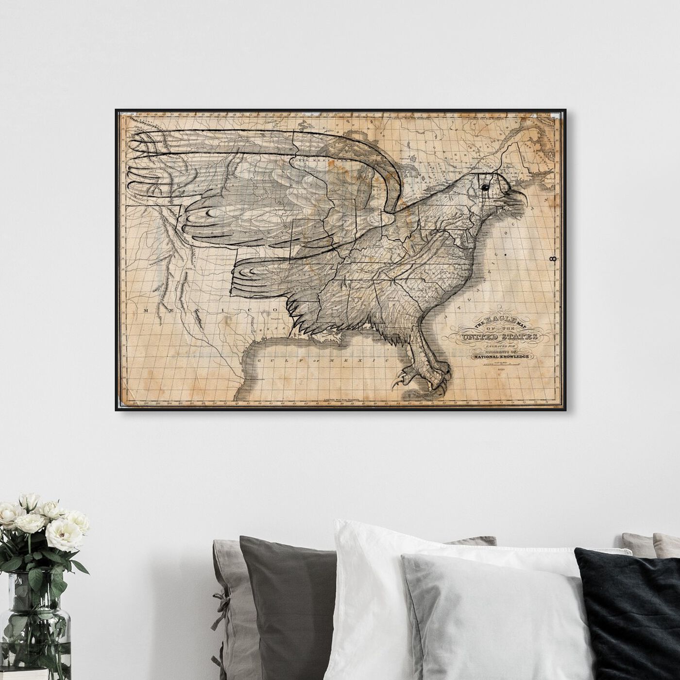 Hanging view of The Eagle Map of the US 1833 featuring maps and flags and american countries maps art.