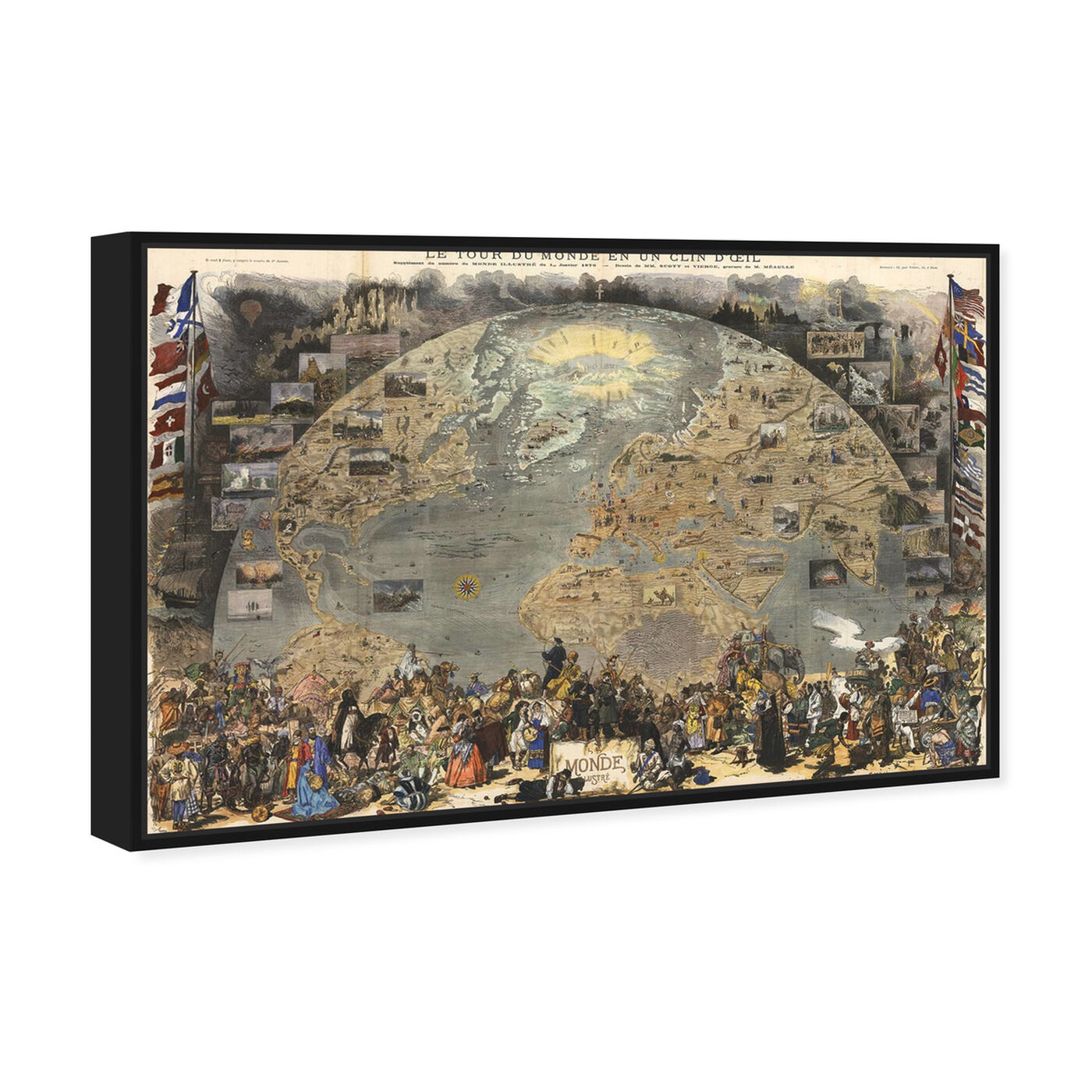Angled view of Le Tour De Monde Map 1876 featuring classic and figurative and renaissance art.