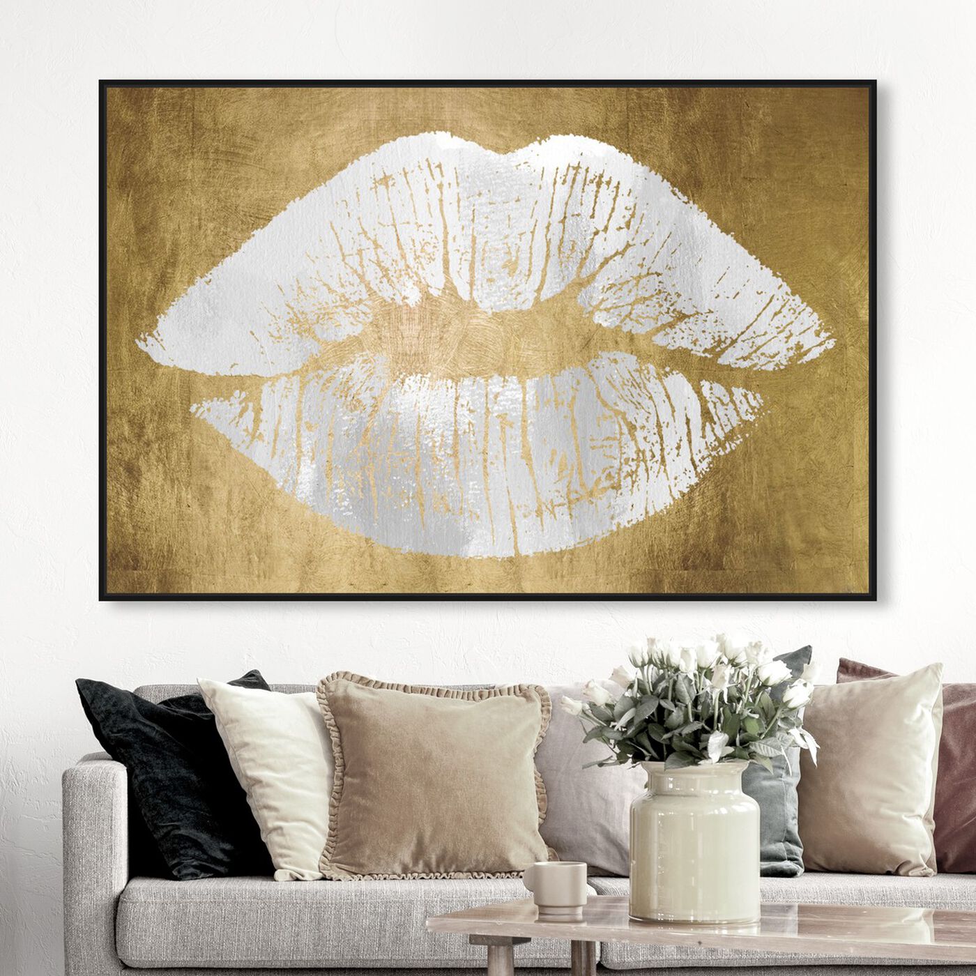 Hanging view of Solid Kiss Egyptian Gold featuring fashion and glam and lips art.