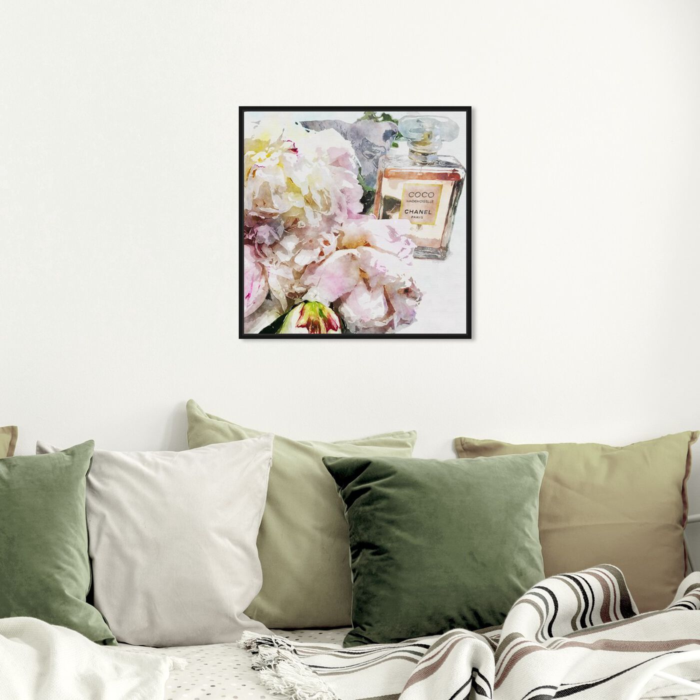 Hanging view of Peonies and Coco Dark featuring floral and botanical and florals art.