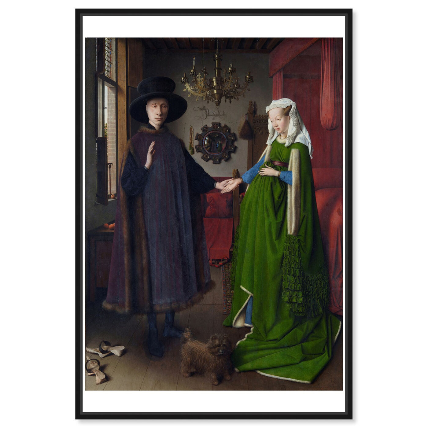 Front view of Van Eyck - Arnolfini Portrait featuring classic and figurative and renaissance art.