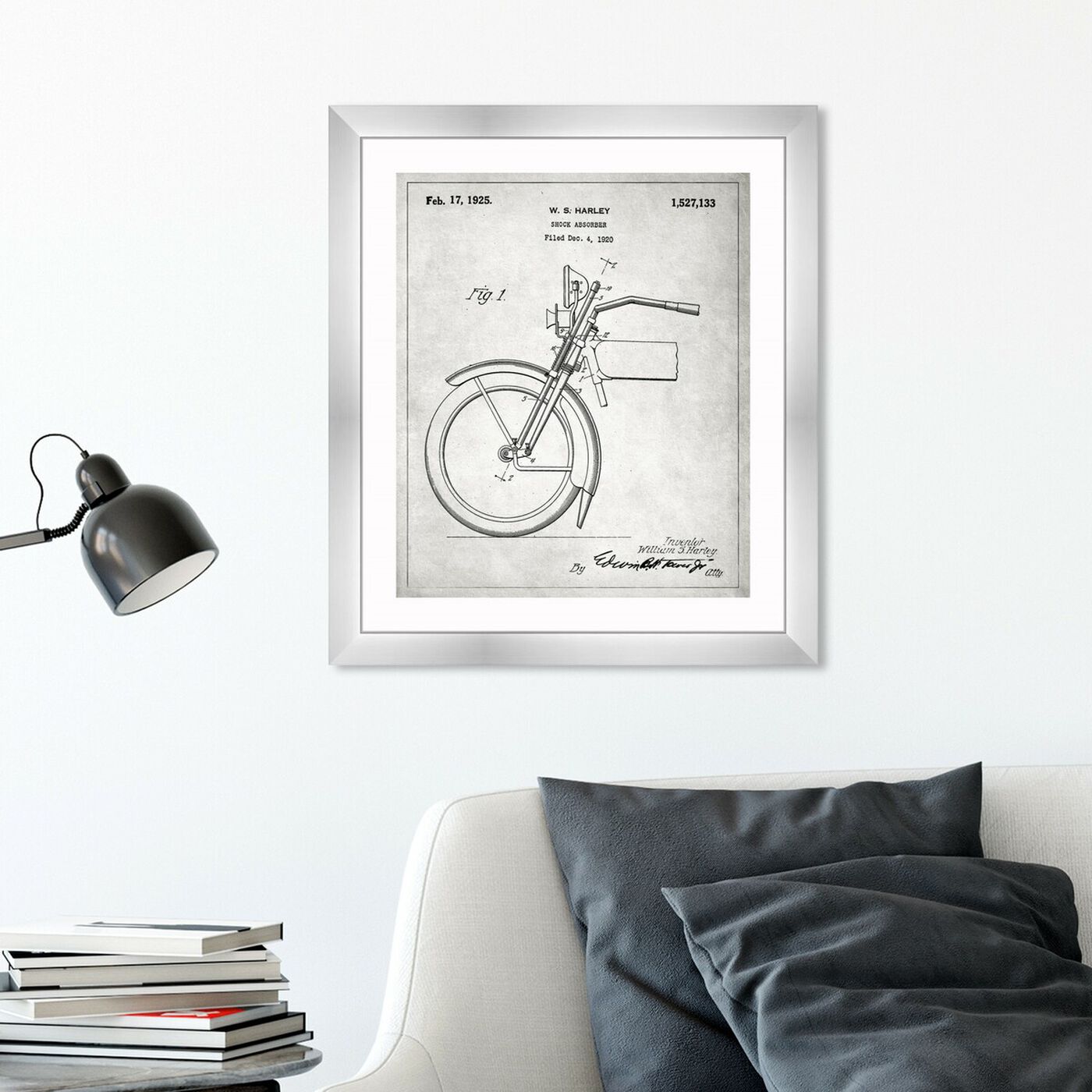 Hanging view of Harley Shock Absorber 1925 featuring transportation and motorcycles art.