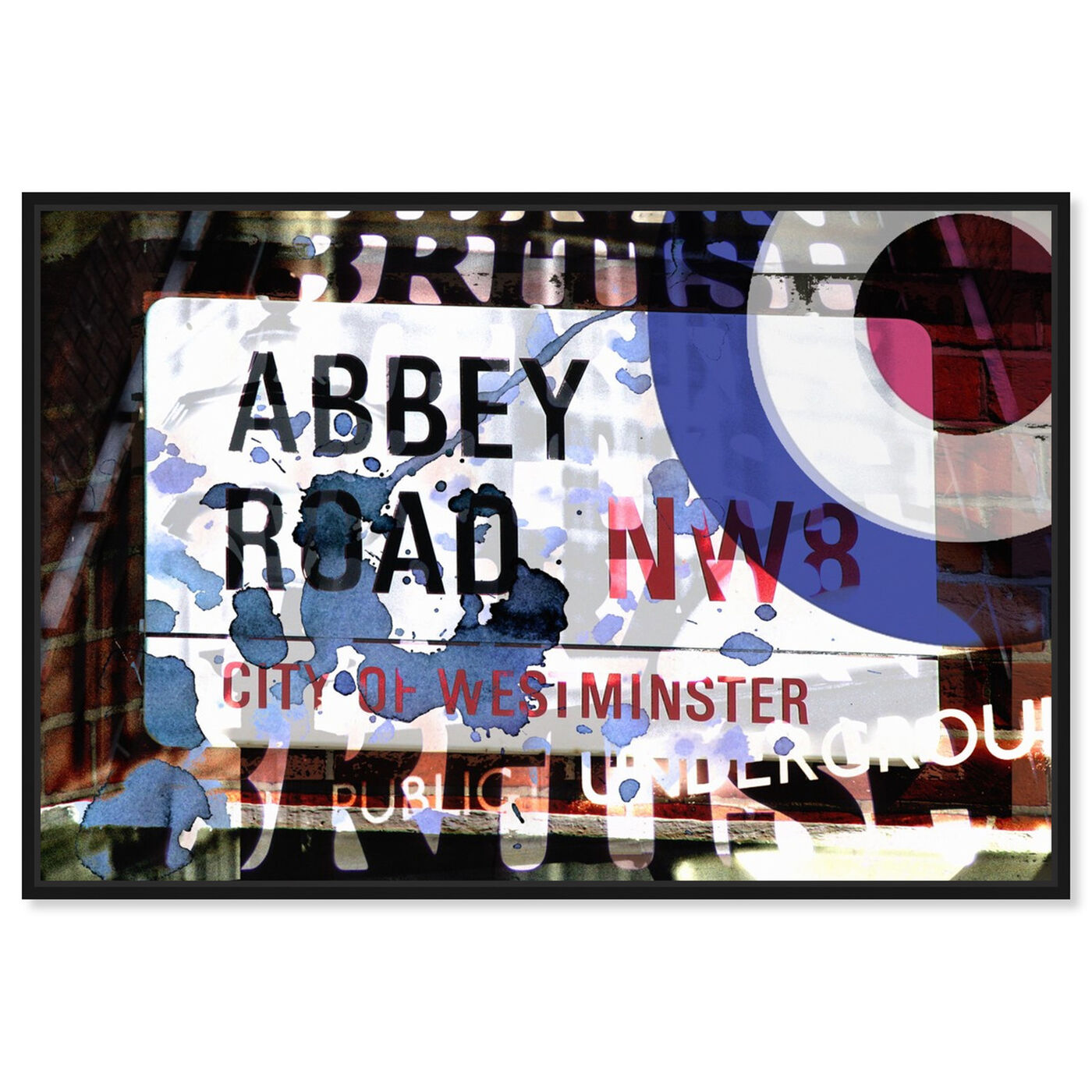 Front view of Abbey Road featuring advertising and posters art.
