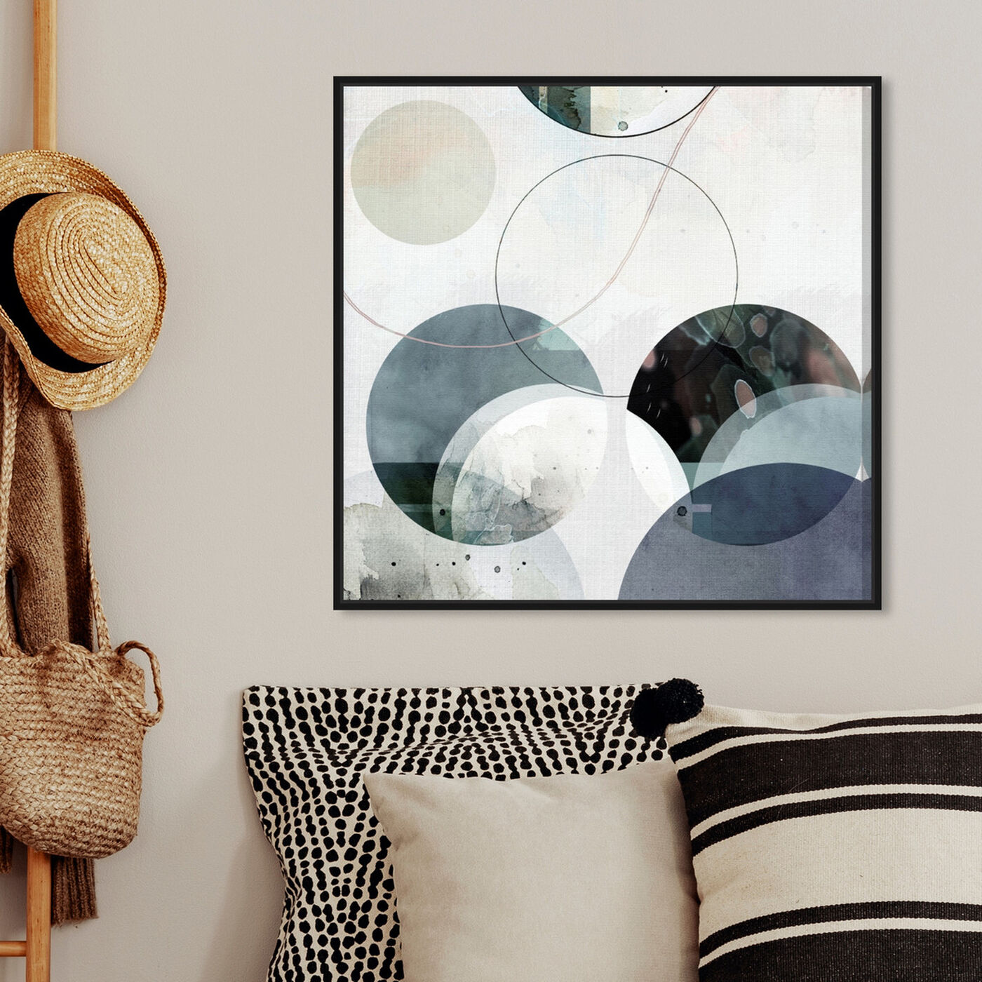 Hanging view of River Stones featuring abstract and geometric art.