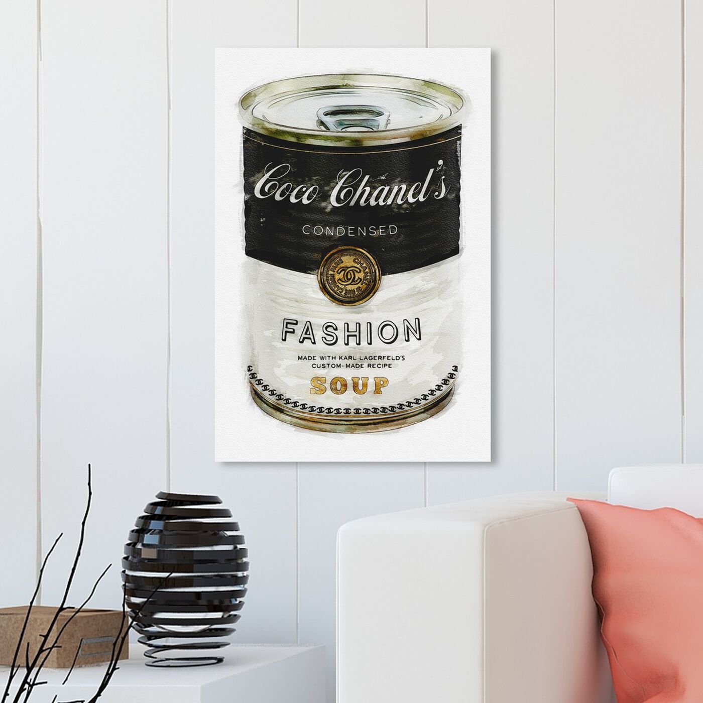 Hanging view of Fashion Soup featuring fashion and glam and soup can art.