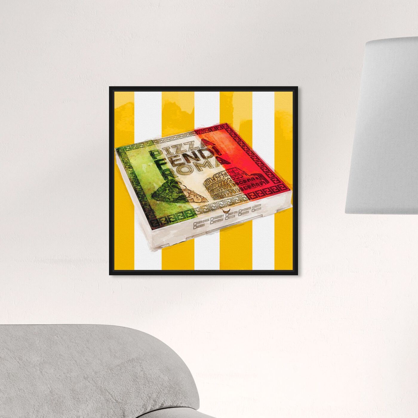 Hanging view of Italian Pizza Box  featuring food and cuisine and fast food art.