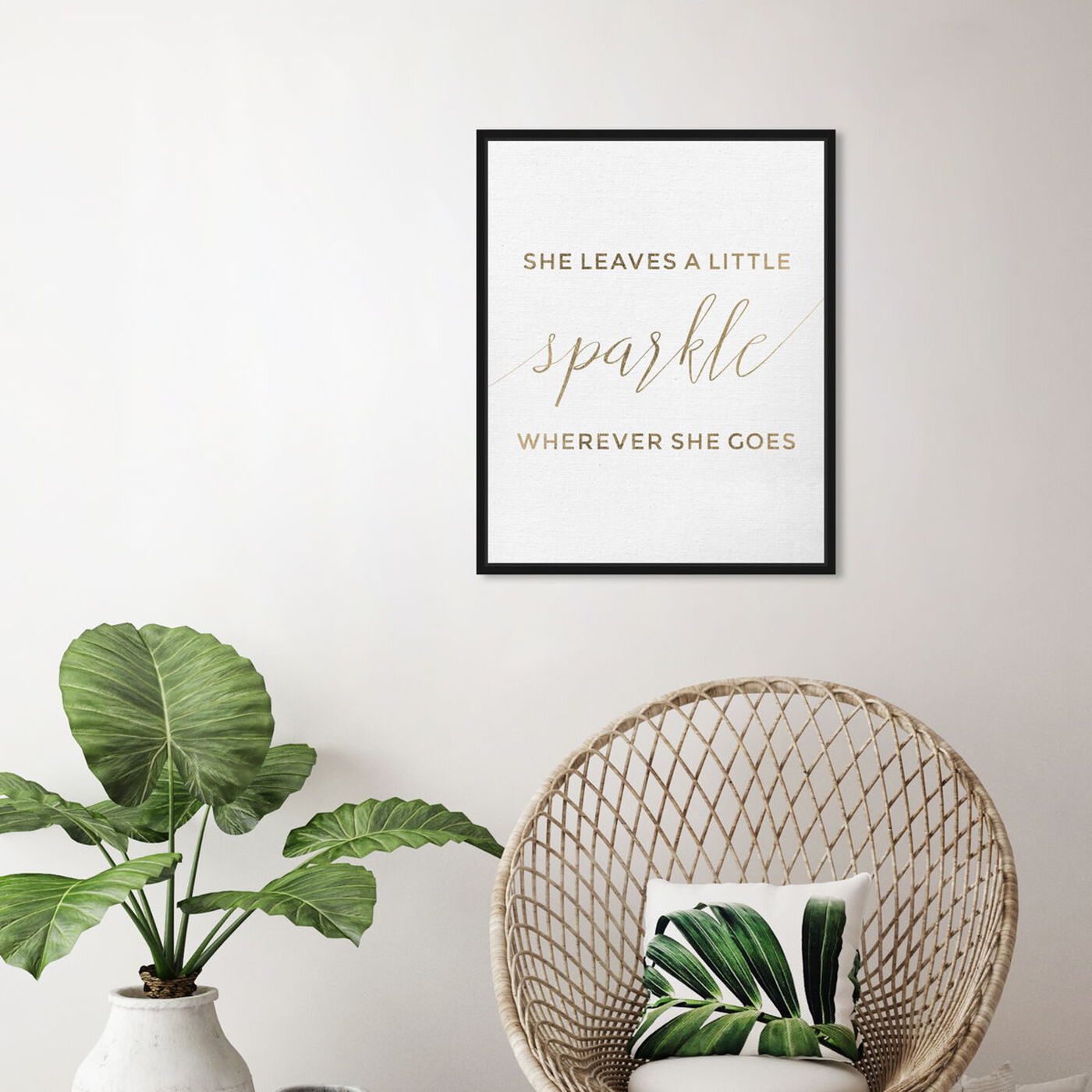 Hanging view of She Leaves a Little Sparkle - White featuring typography and quotes and empowered women quotes and sayings art.