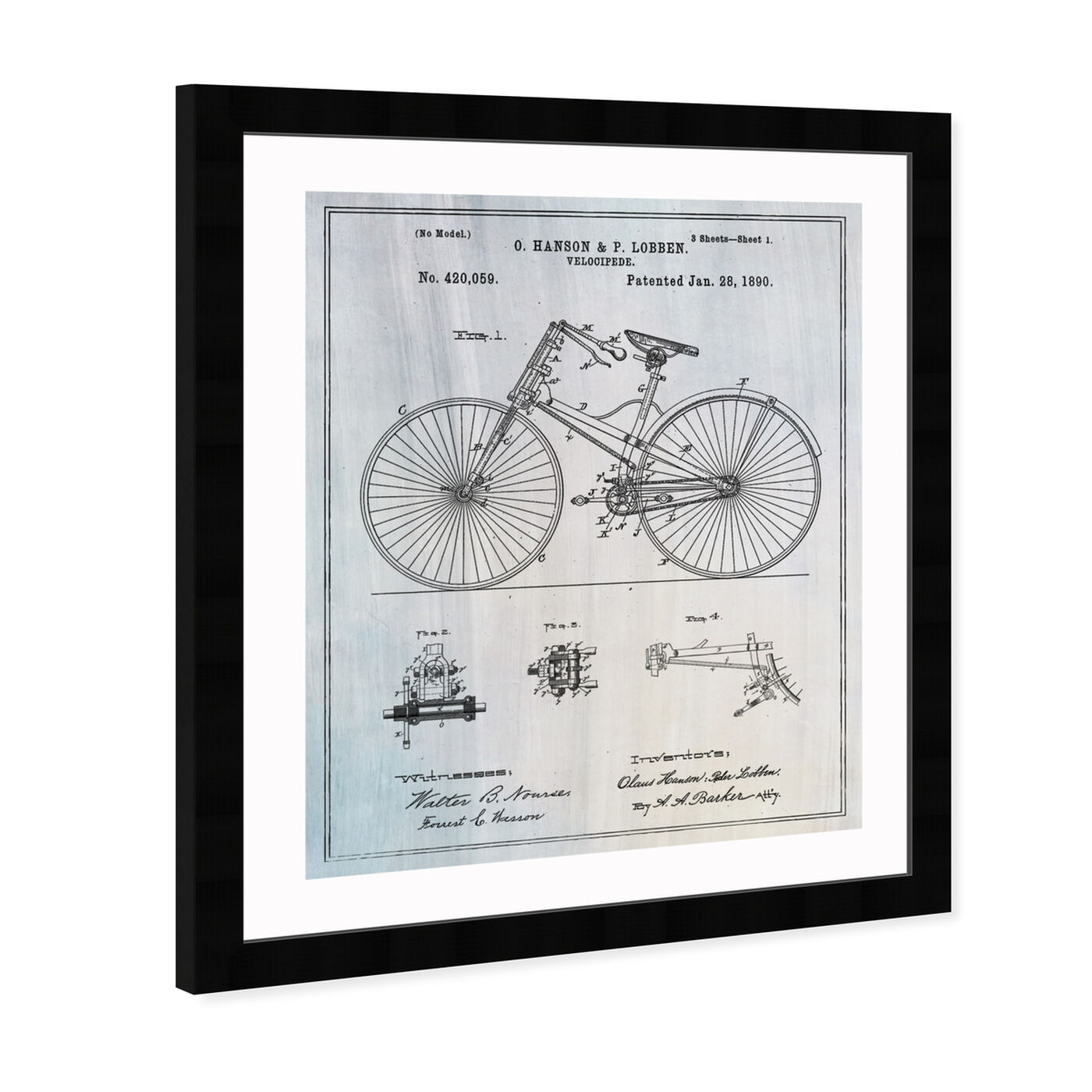 Angled view of Bicycle 1890 featuring transportation and bicycles art.