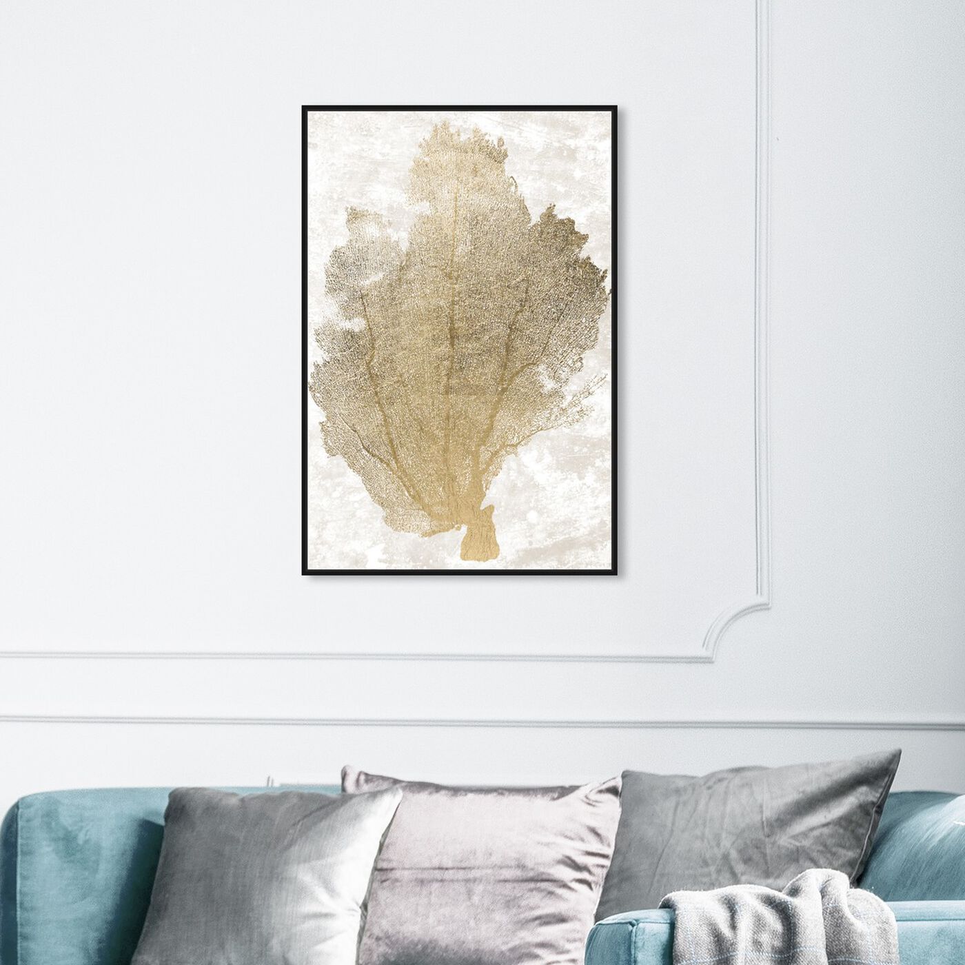 Hanging view of Gold Coral Fan 2 featuring nautical and coastal and marine life art.