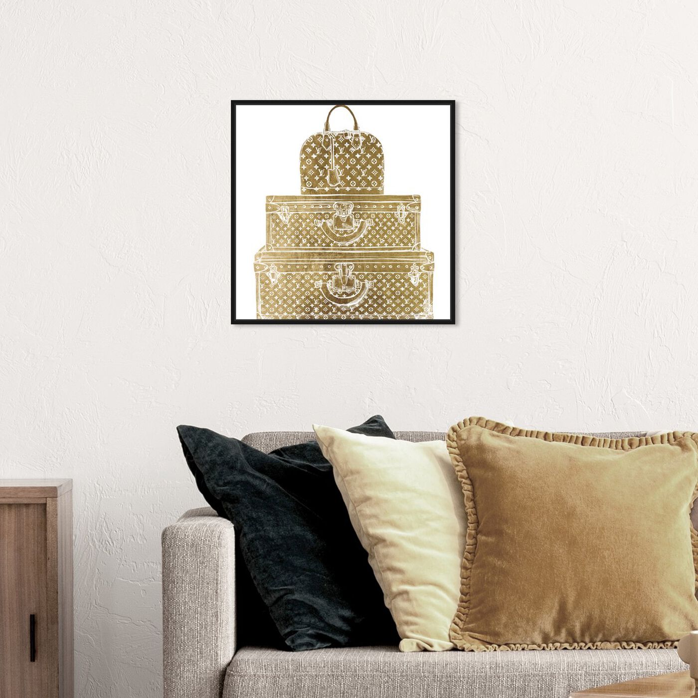 Hanging view of Royal Bag and Luggage Gold diecut featuring fashion and glam and travel essentials art.