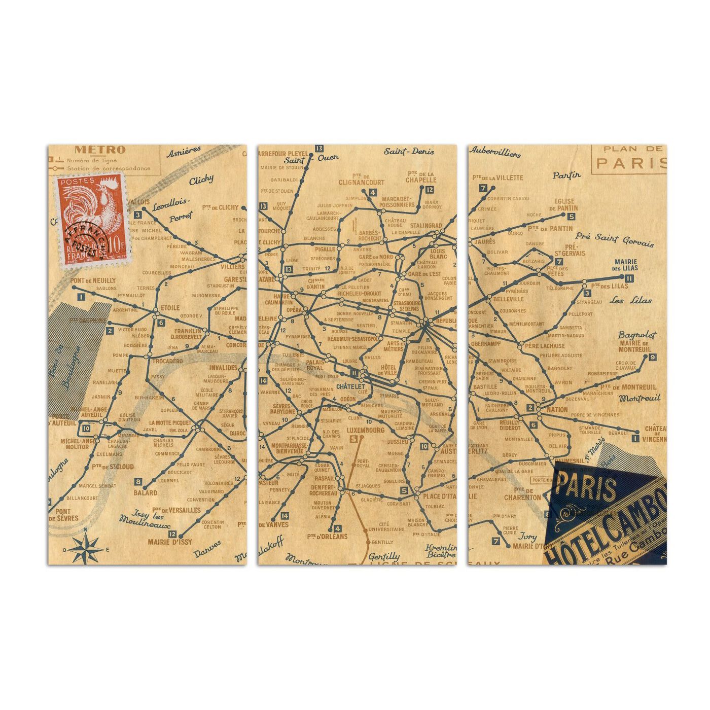 1956 Metro Map of Paris Triptych