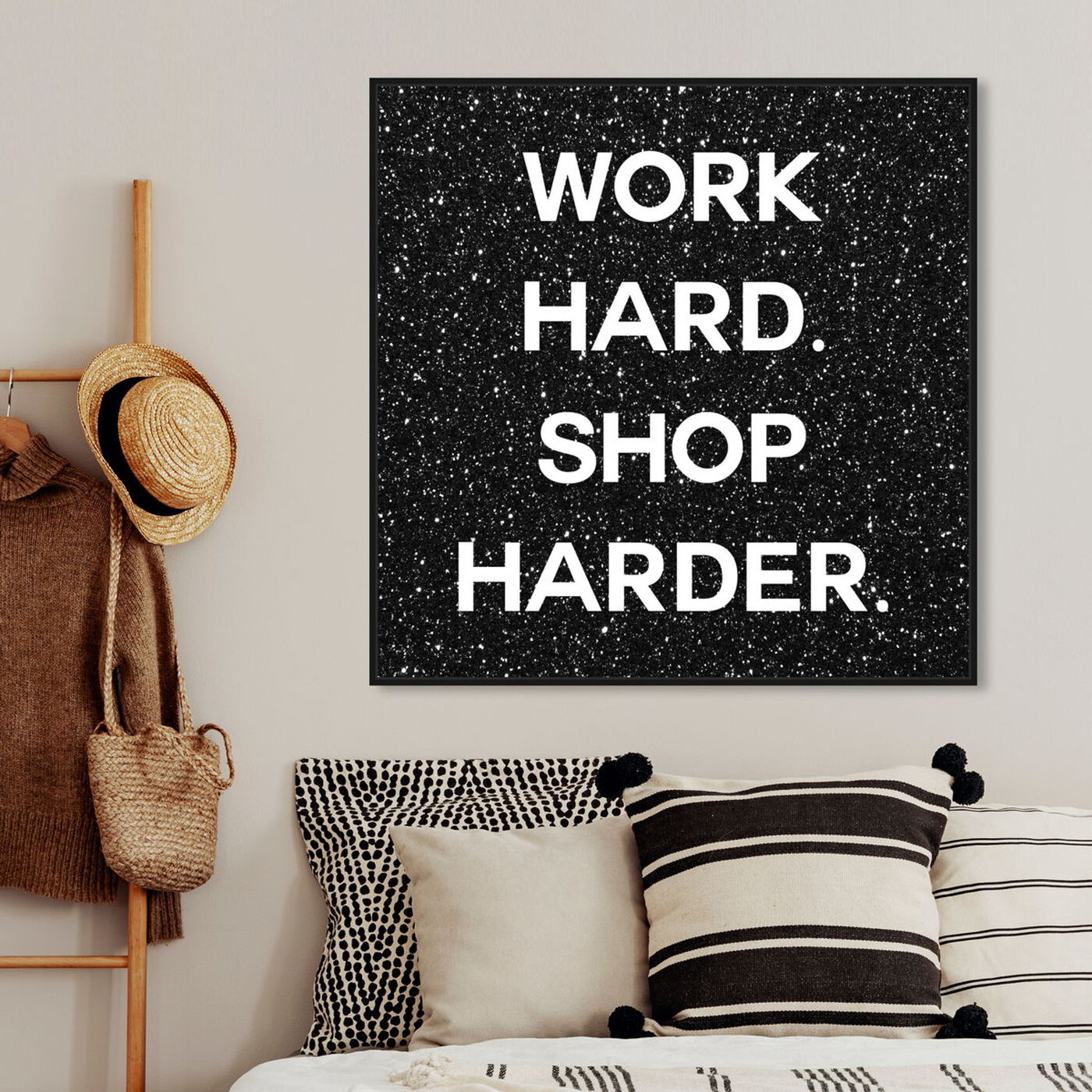 Hanging view of Work Hard Shop Harder Black featuring typography and quotes and inspirational quotes and sayings art.