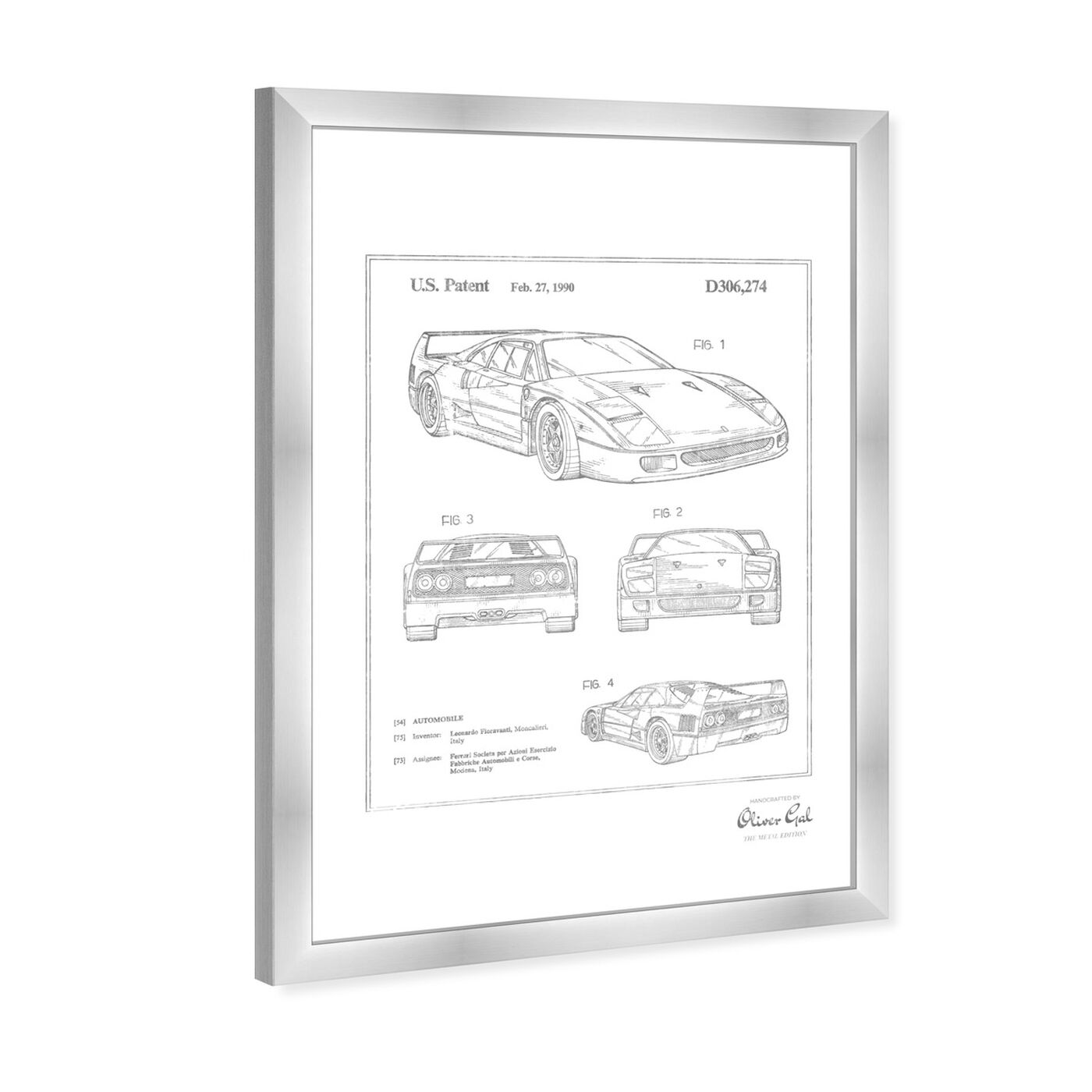 Angled view of Ferrari F40 1990, Silver Foil featuring transportation and automobiles art.
