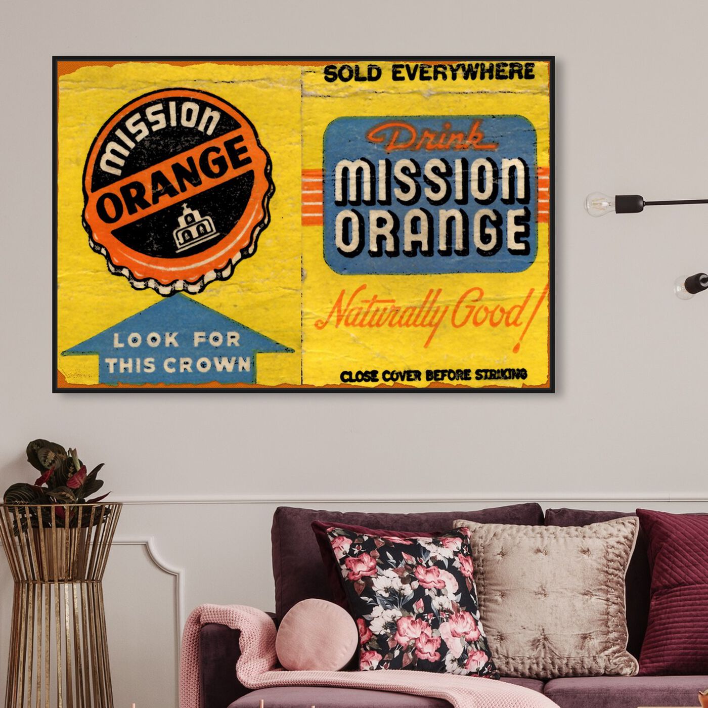 Hanging view of Mission Orange featuring advertising and posters art.