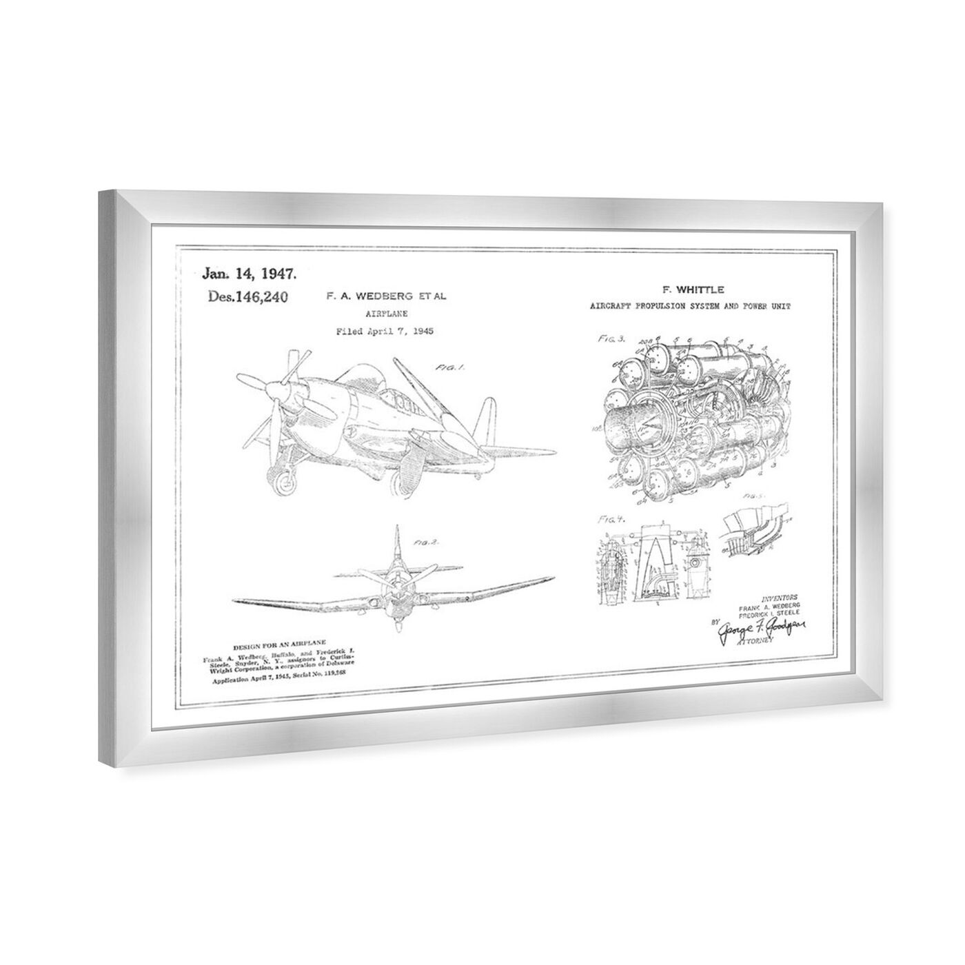 Angled view of Airplane and Jet Engine 1947, Silver Foil featuring transportation and airplanes art.