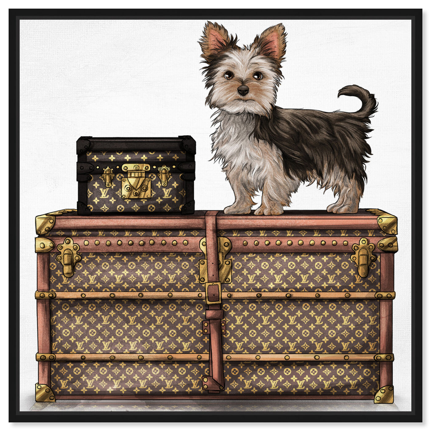 Front view of Travelling Yorkie featuring fashion and glam and travel essentials art.
