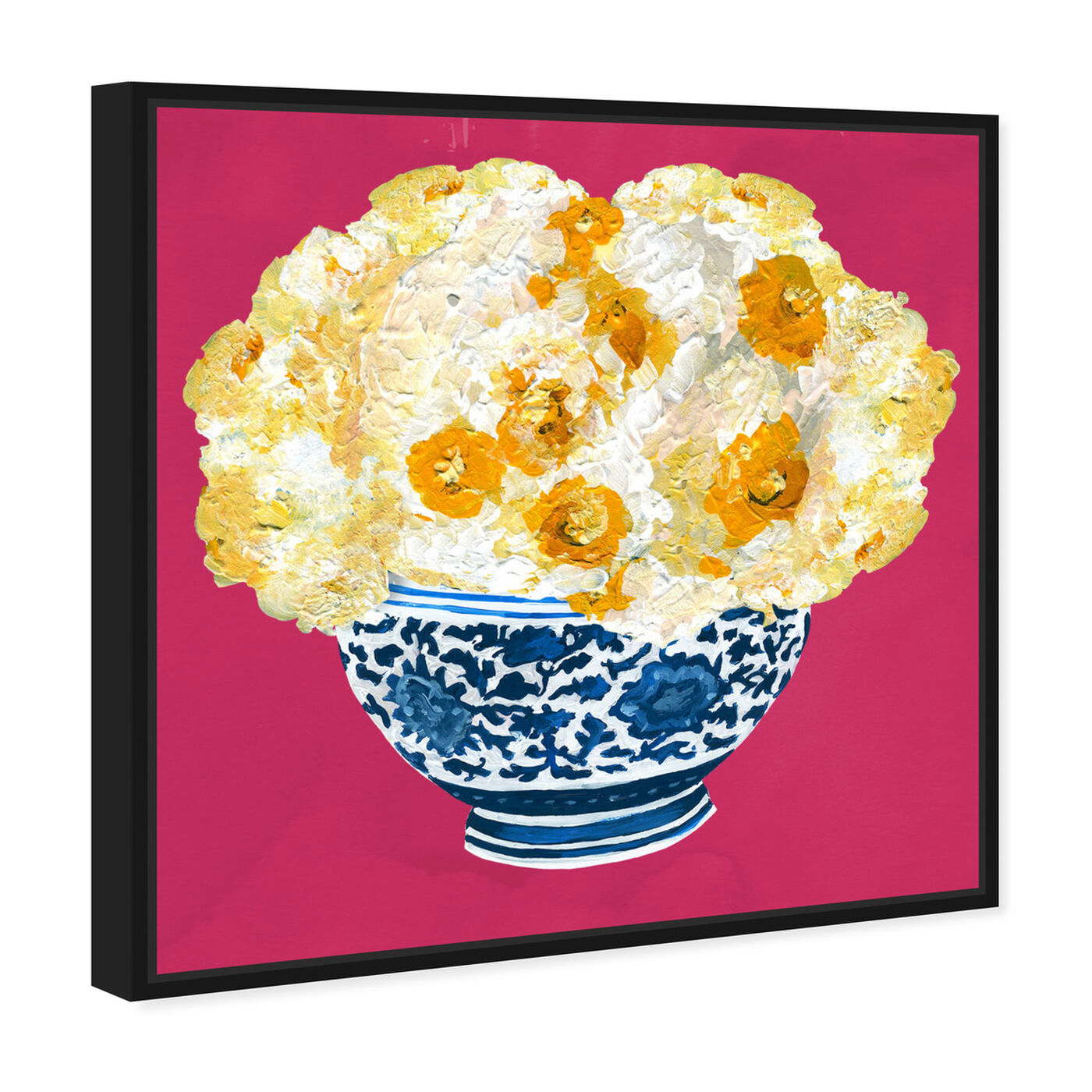 Angled view of Blue and Yellow Vase Magenta featuring floral and botanical and florals art.