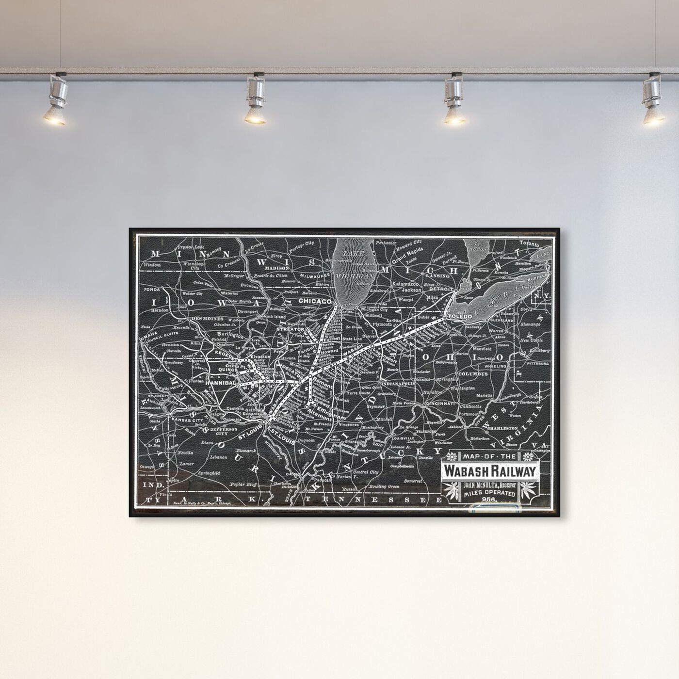 Hanging view of Wabash Railroad Map featuring maps and flags and us states maps art.