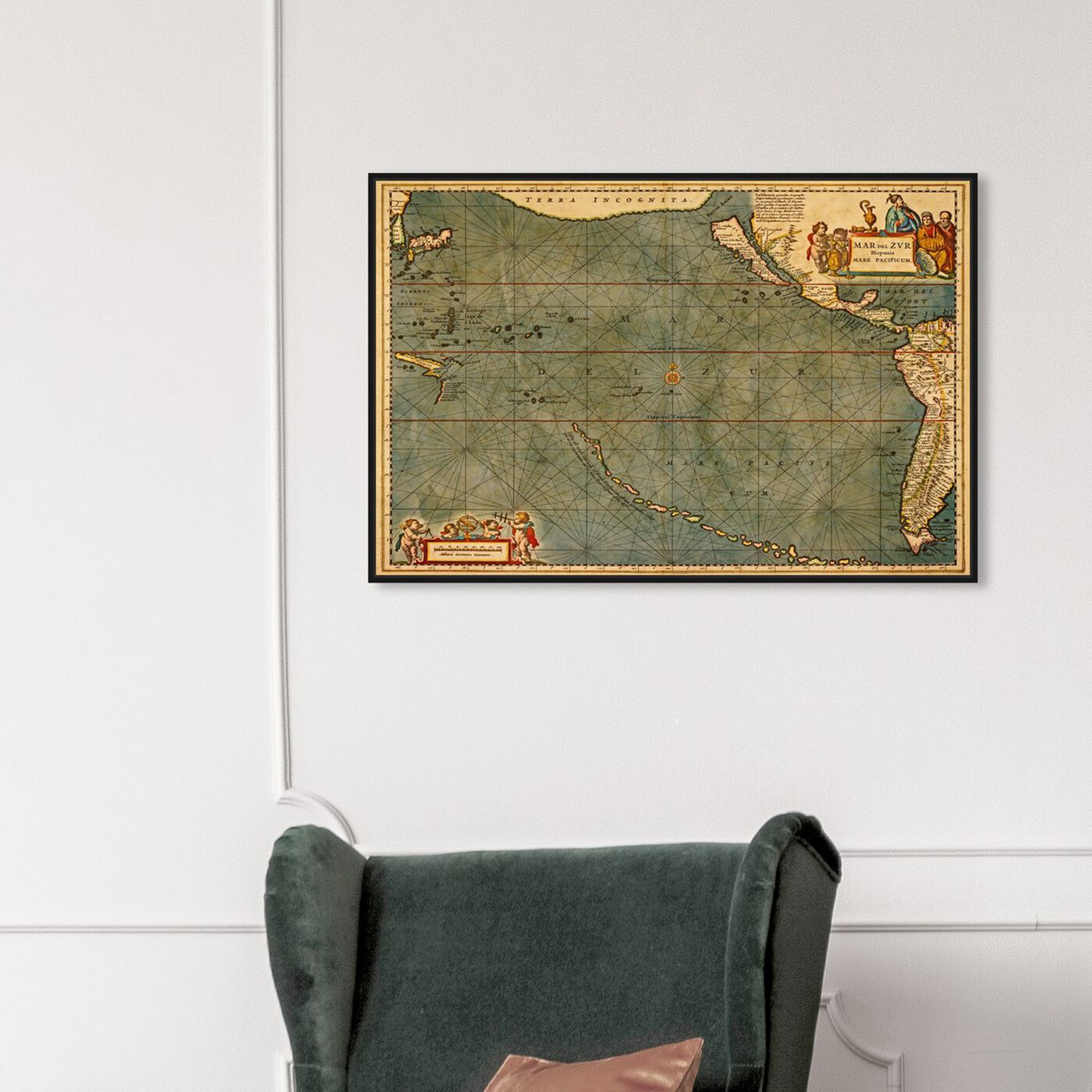 Hanging view of Mare Pacificum Map 1600s featuring maps and flags and nautical maps art.