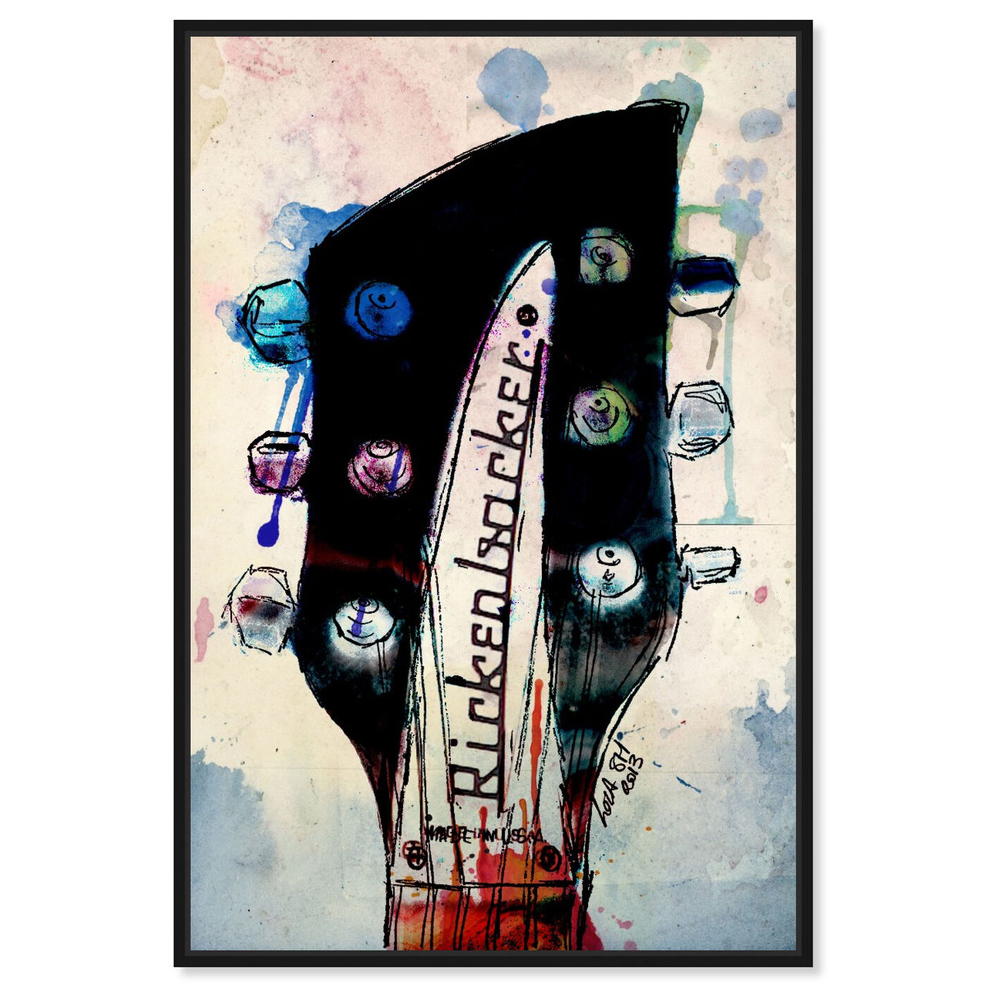 Front view of Rickenbacker Headstock featuring music and dance and music instruments art.