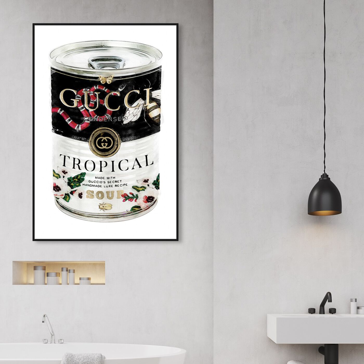Hanging view of Italian Luxe Soup featuring fashion and glam and soup can art.