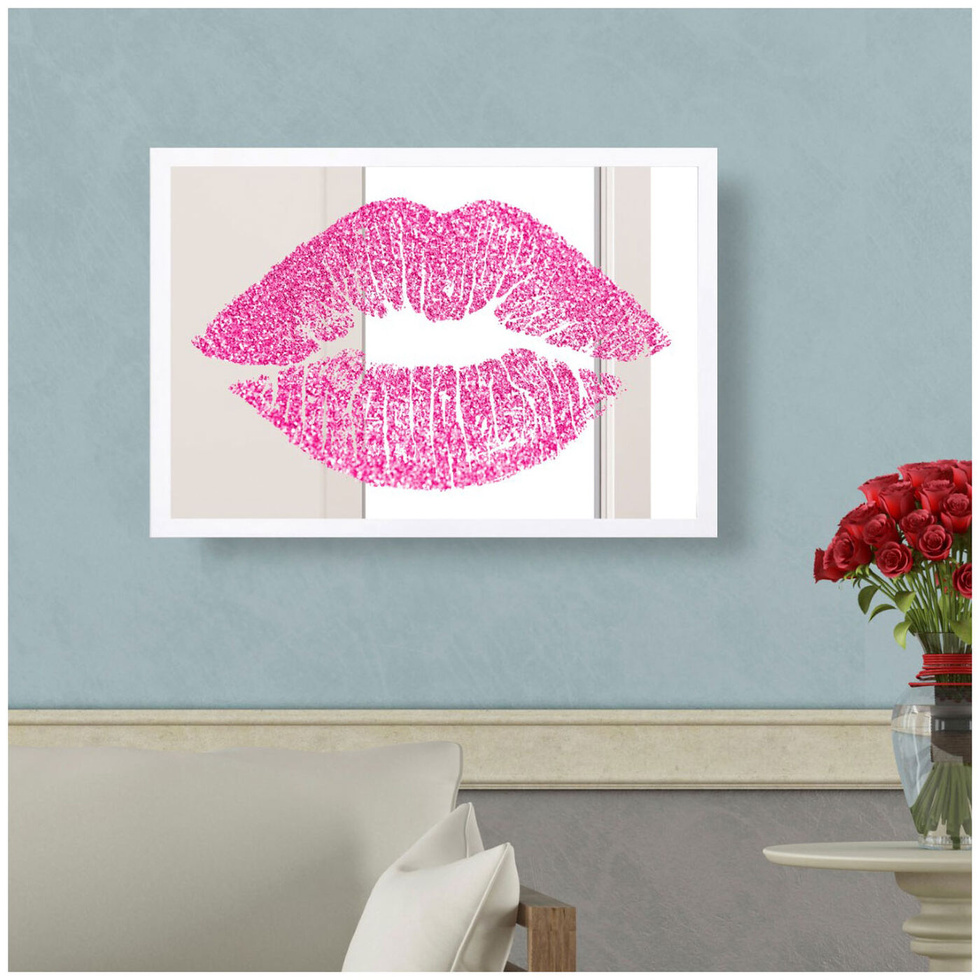 Hanging view of Solid Kiss Pink Mirror featuring fashion and glam and lips art.