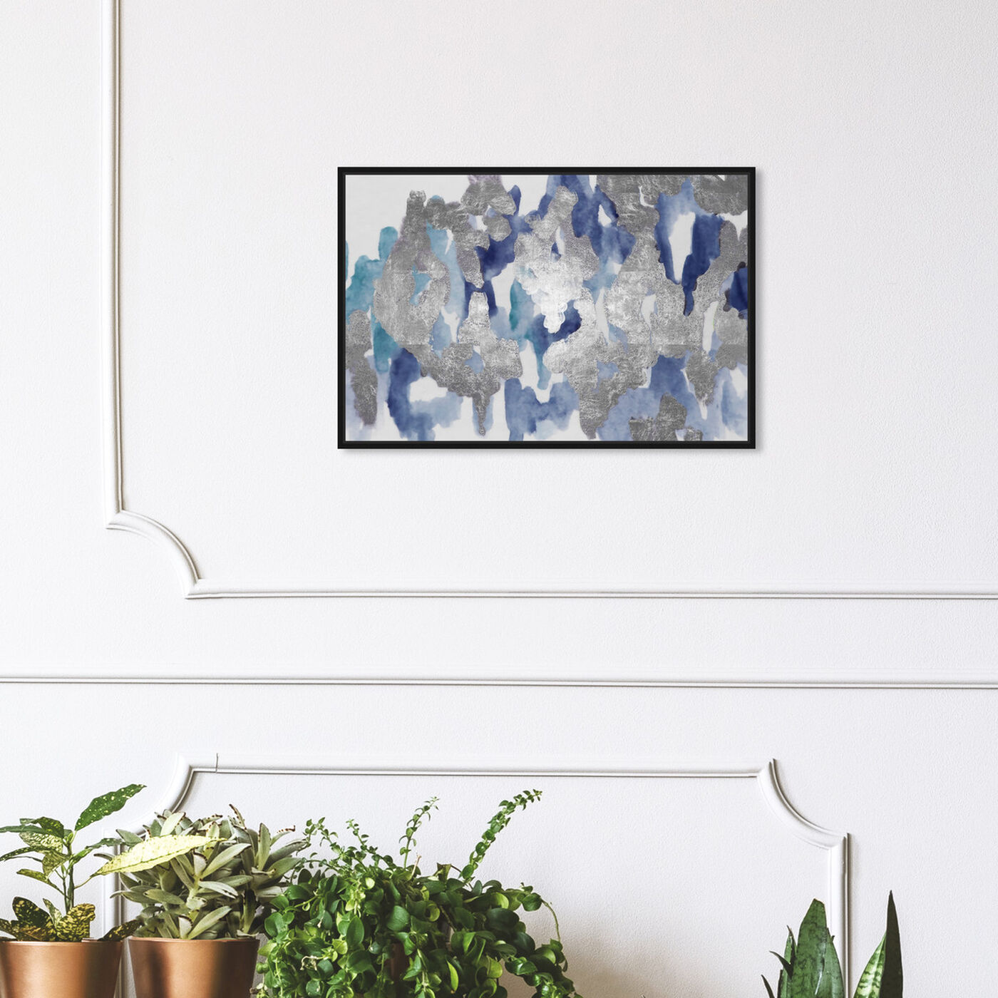 Hanging view of Blue Palais featuring abstract and watercolor art.