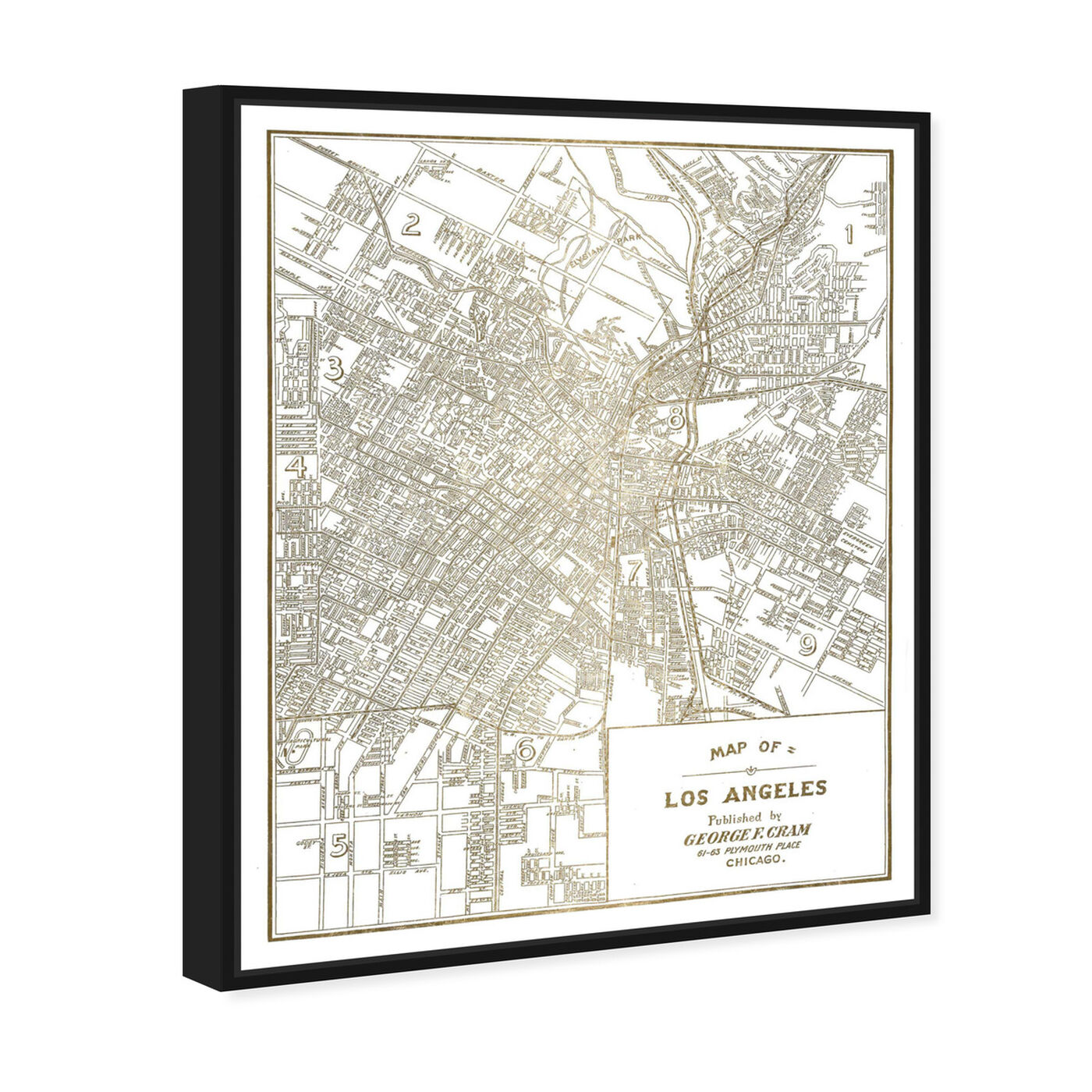 Angled view of Los Angeles Map 1889- Gold Metallic featuring maps and flags and us cities maps art.