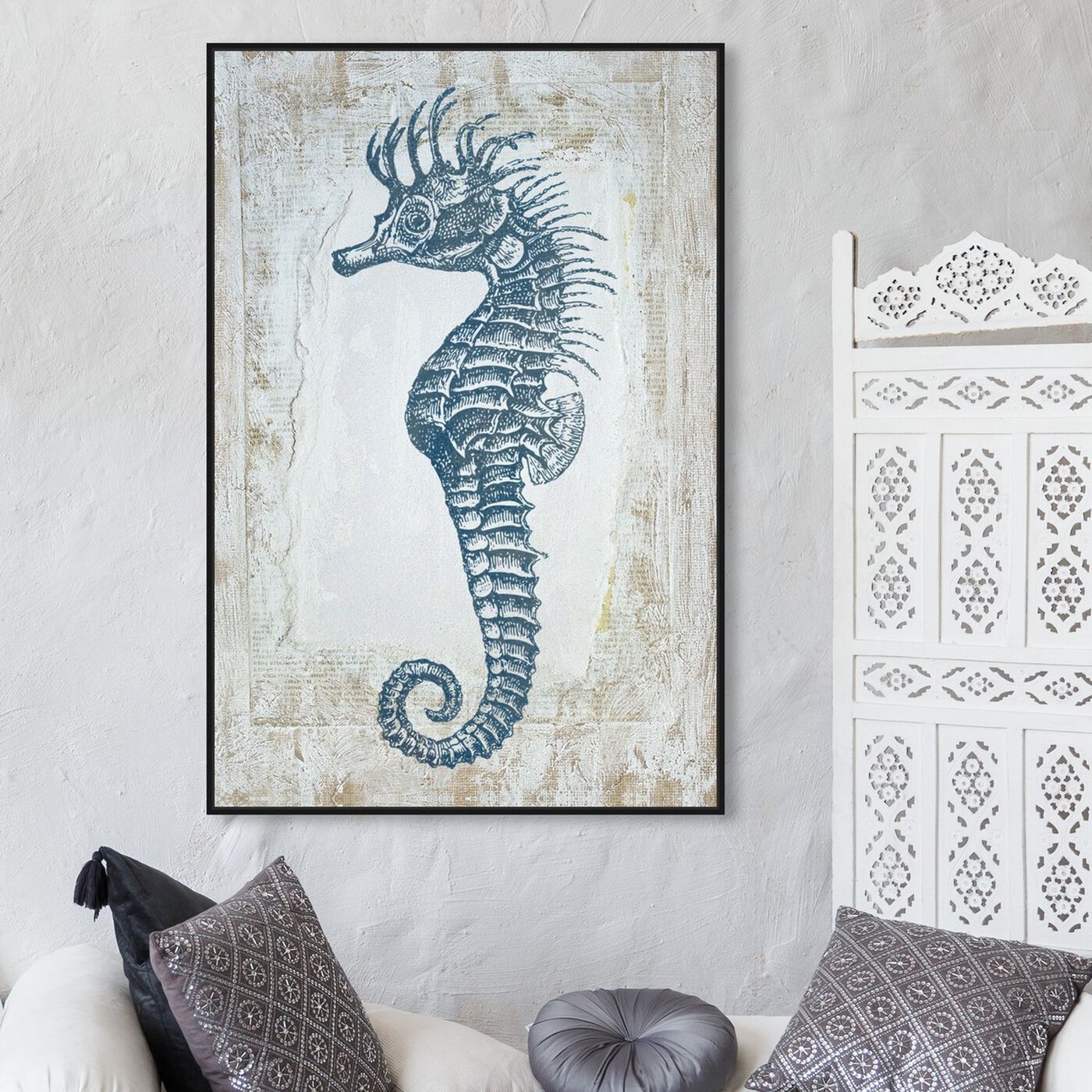 Hanging view of Sea Horse Blue featuring nautical and coastal and marine life art.