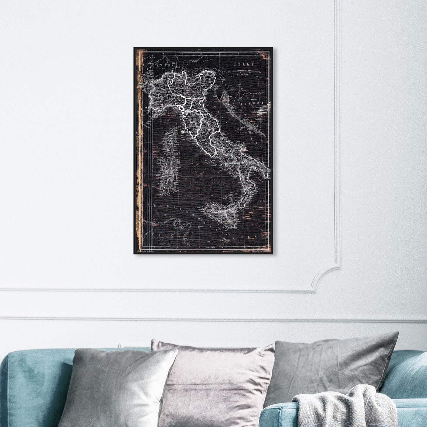 Hanging view of Map of Italy 1873 featuring maps and flags and european countries maps art.
