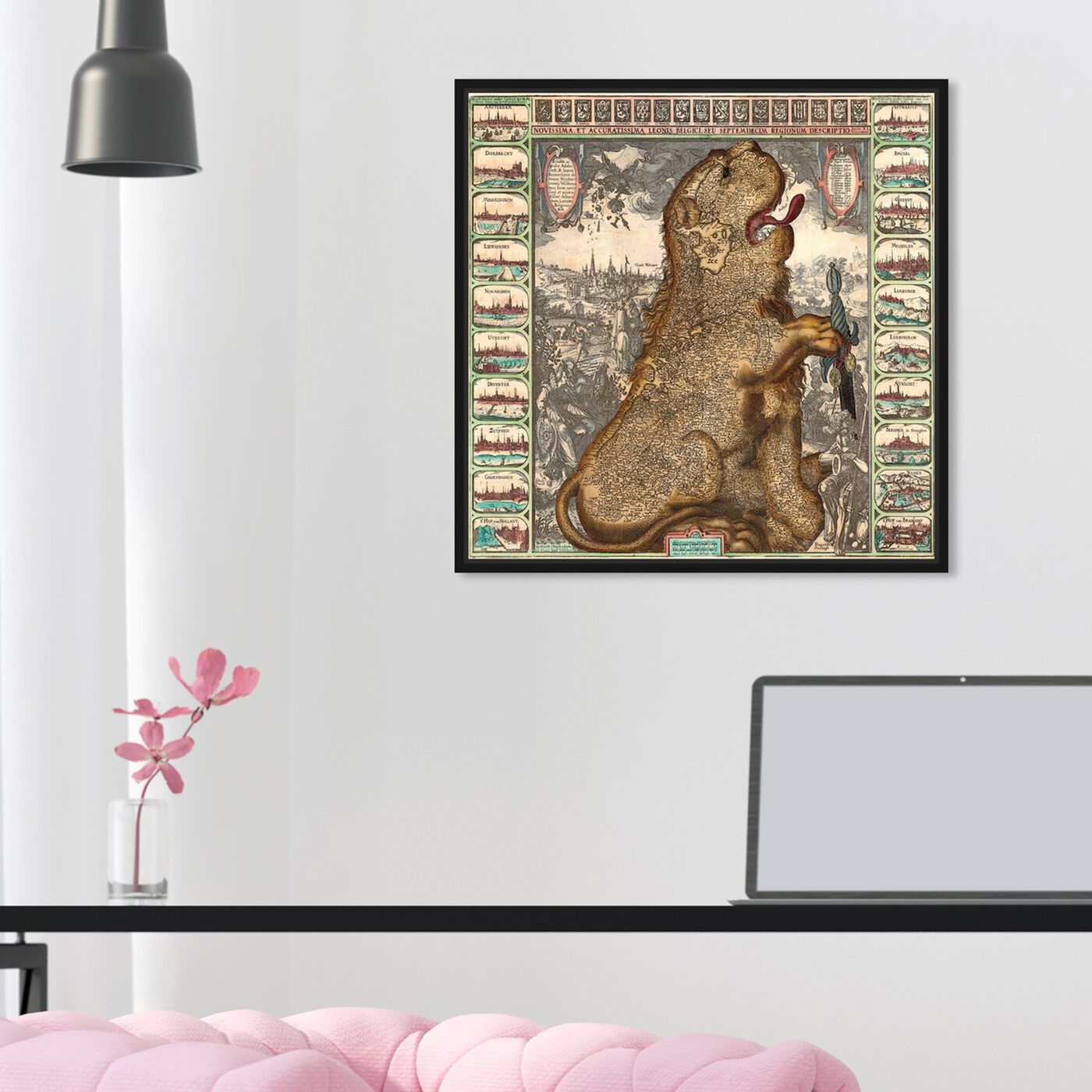 Hanging view of Dutch Lion 1609 Map featuring maps and flags and european countries maps art.