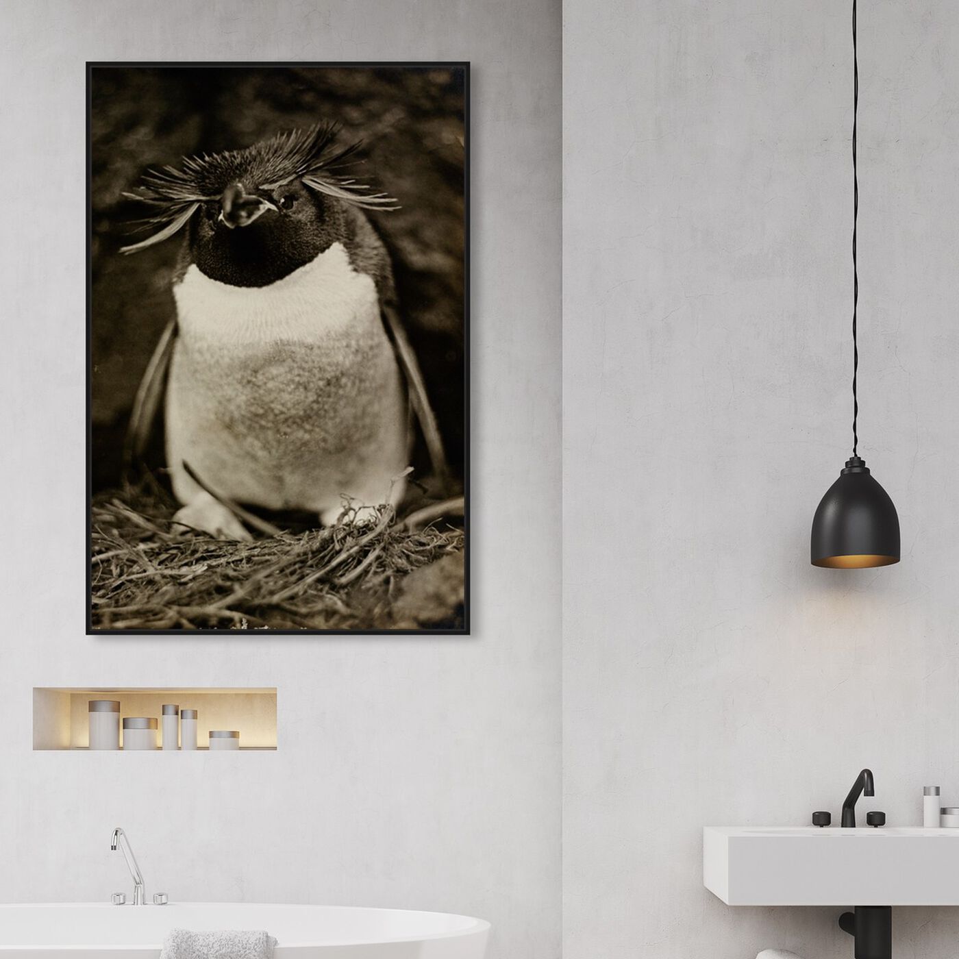 Hanging view of Sclater Penguin - The Art Cabinet featuring animals and birds art.