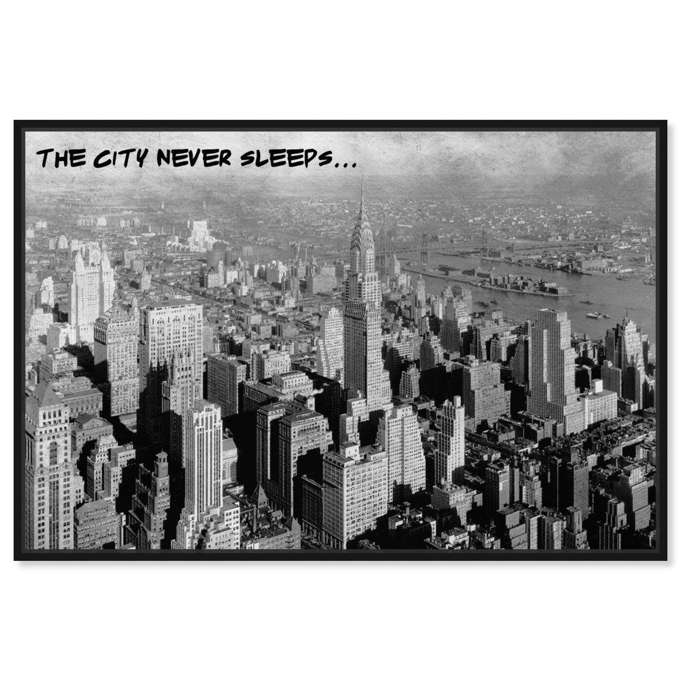 Front view of Never Sleeps featuring cities and skylines and united states cities art.