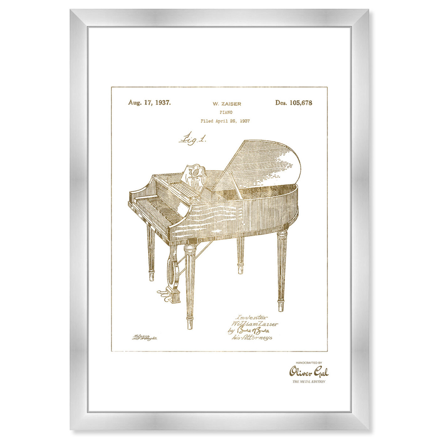 Front view of Piano 1937 Gold featuring music and dance and music instruments art.